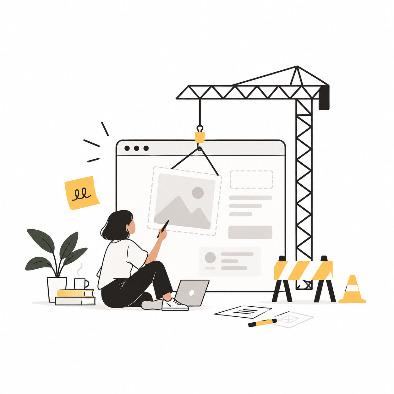 Ilustração de uma designer trabalhando na construção de uma interface digital, com elementos de obra, como guindaste, cavalete e cone, representando um portfólio em desenvolvimento.