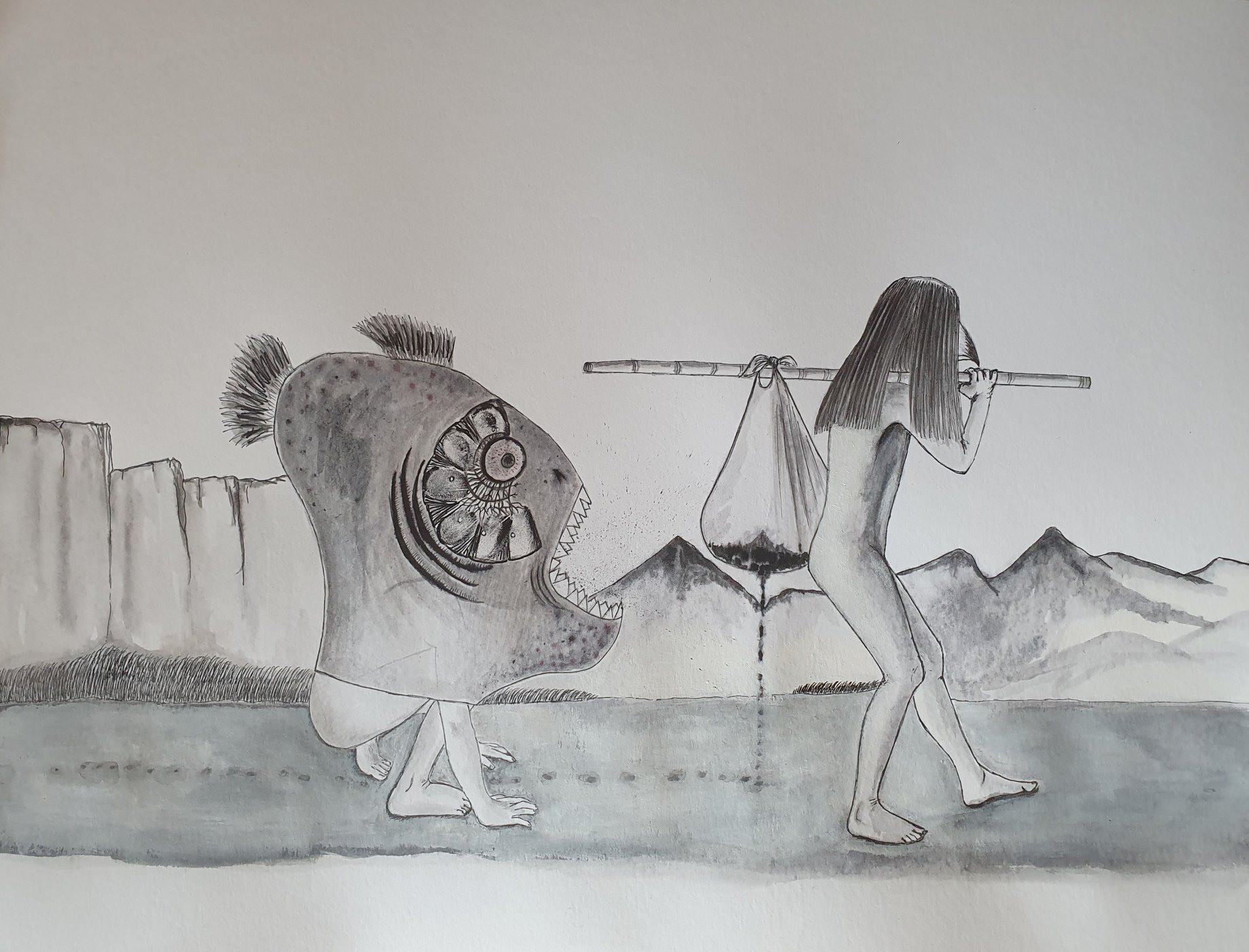 "La prudence" Encre de chine et acrylique sur papier. Mai 2020
