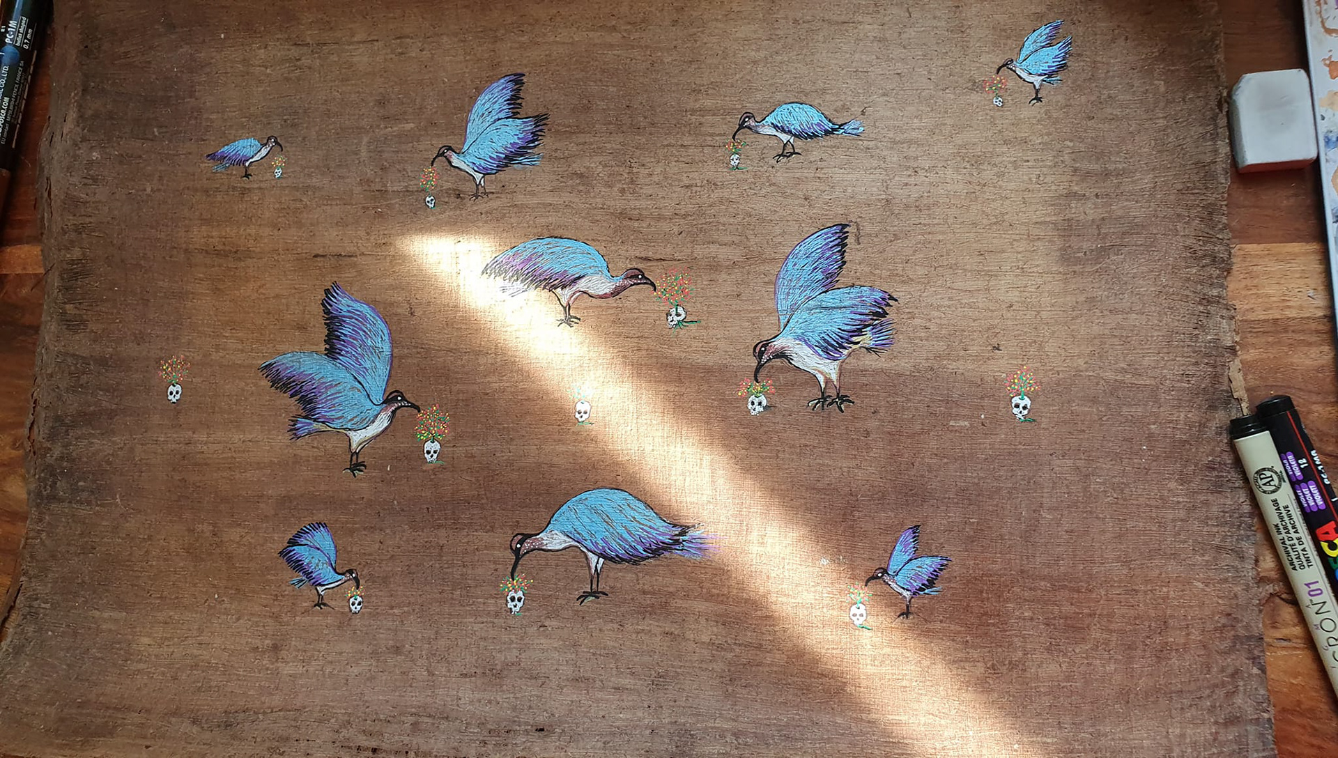 "Après nous les fleurs et les oiseaux" Posca et encre sur papyrus 32 × 43 cm, juin 2023 VENDUE