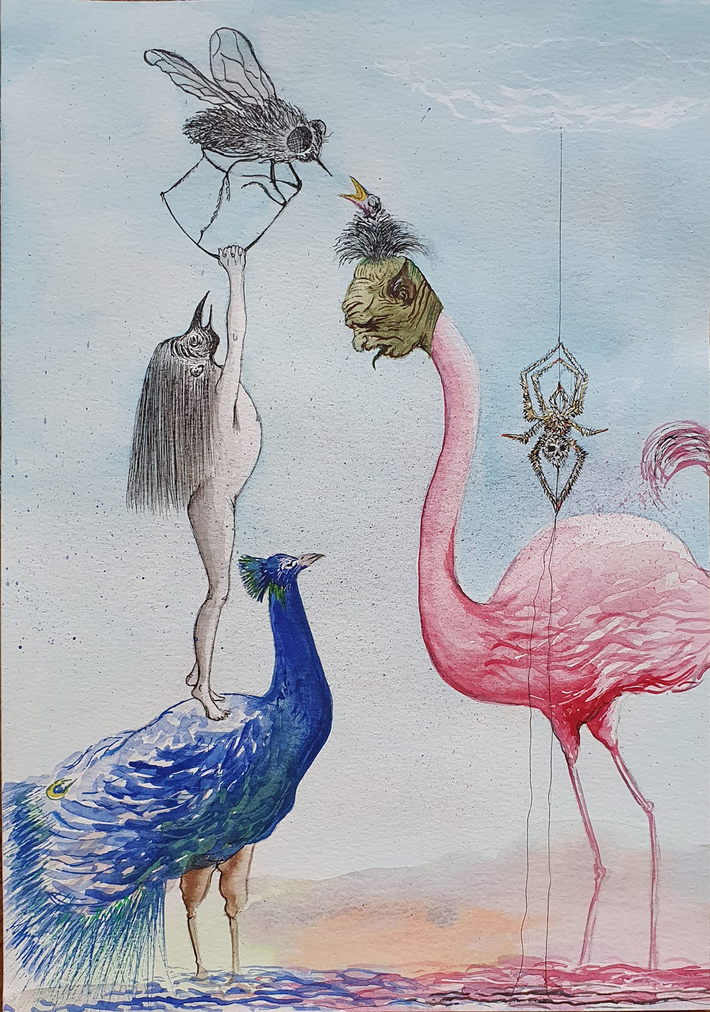 « Dilemme cornélien » Encre, posca et aquarelle sur papier canson 300g, 21×29,7 cm. Juin 2022