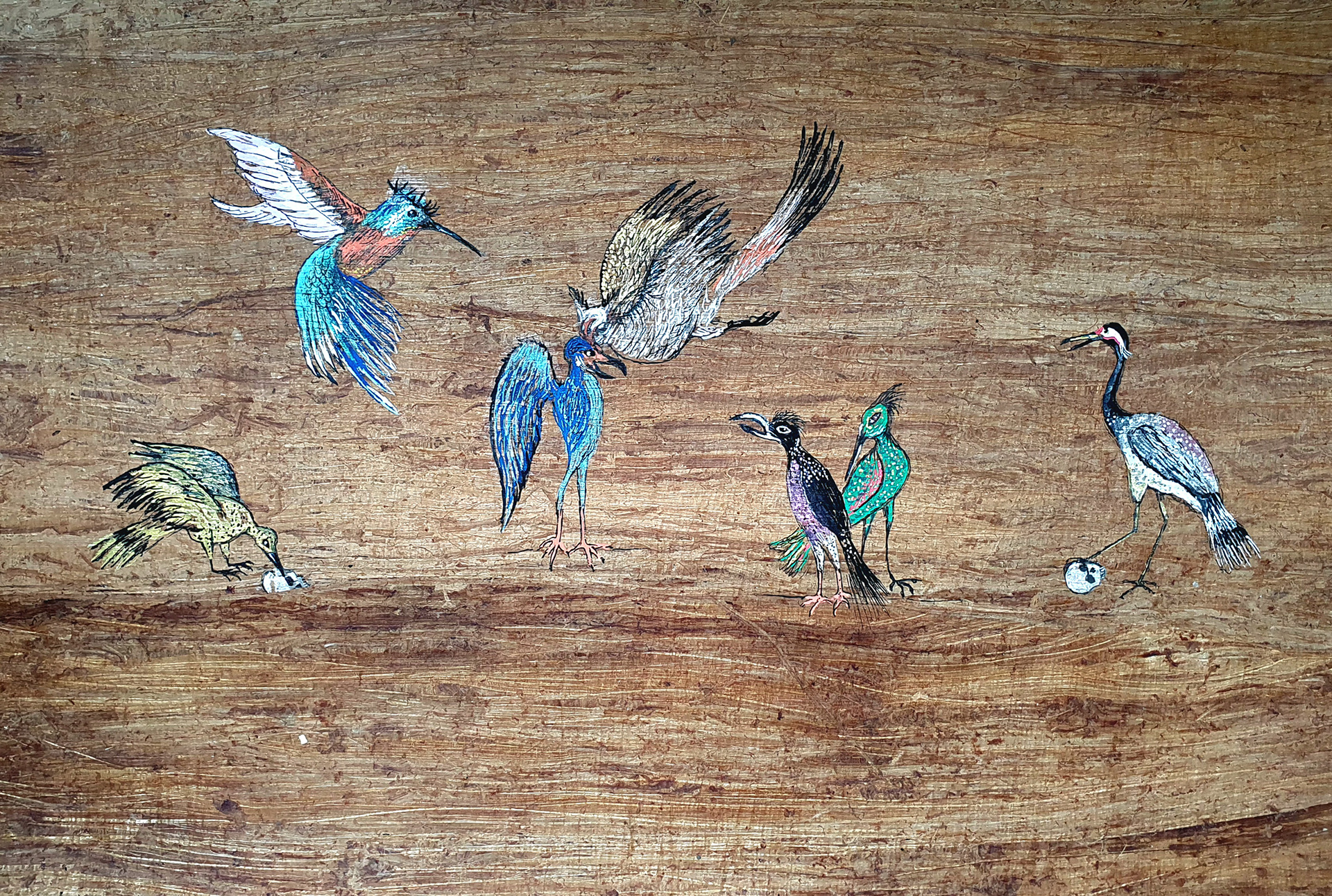 "Après nous les oiseaux..." Posca, aquarelle et encre sur papyrus 34 x 44 cm, juin 2023