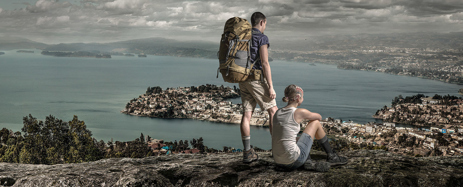 Adventure trekkers over look the beautiful city of Bukavu in DRC