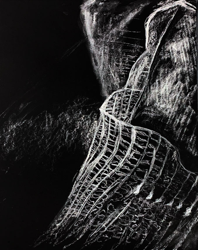 Sock with holes - Chalk on A2 black paper (2023)