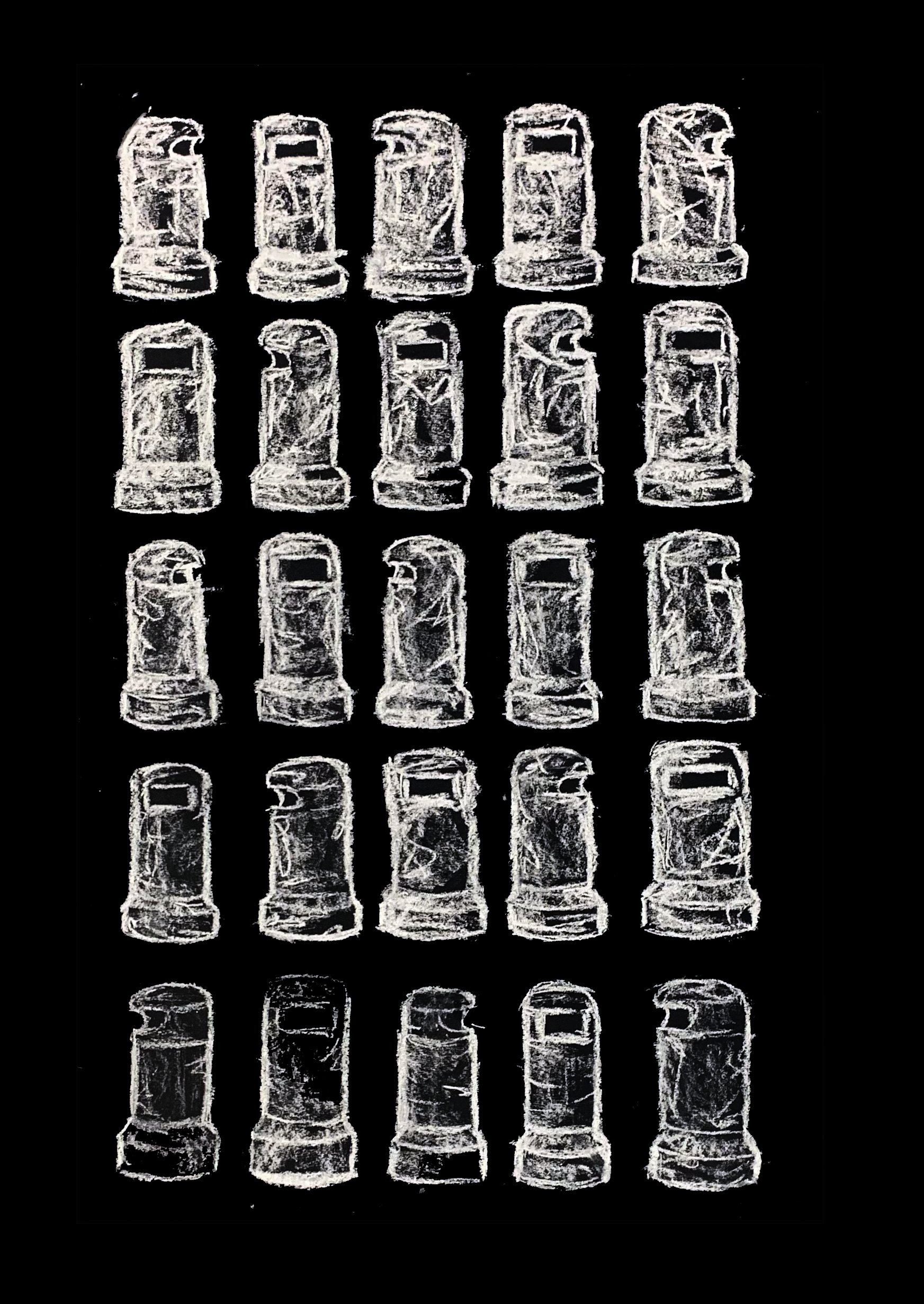 Repetitive bins - Chalk on A2 black paper