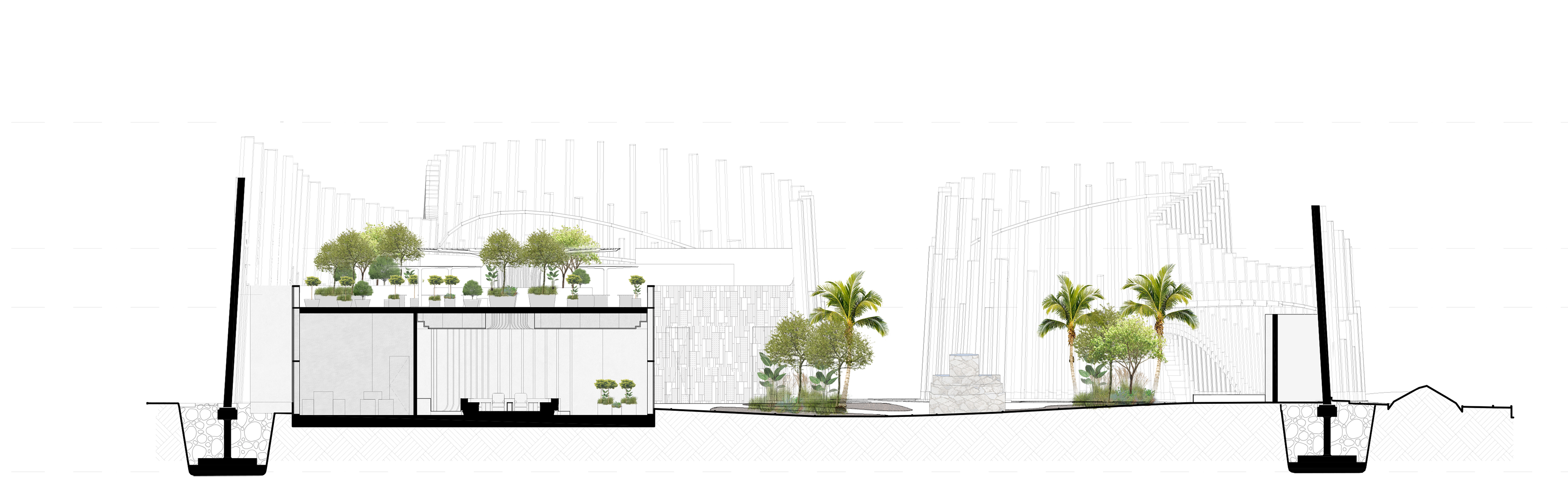 Section BB' displaying various trees on the rooftop and in the garden.