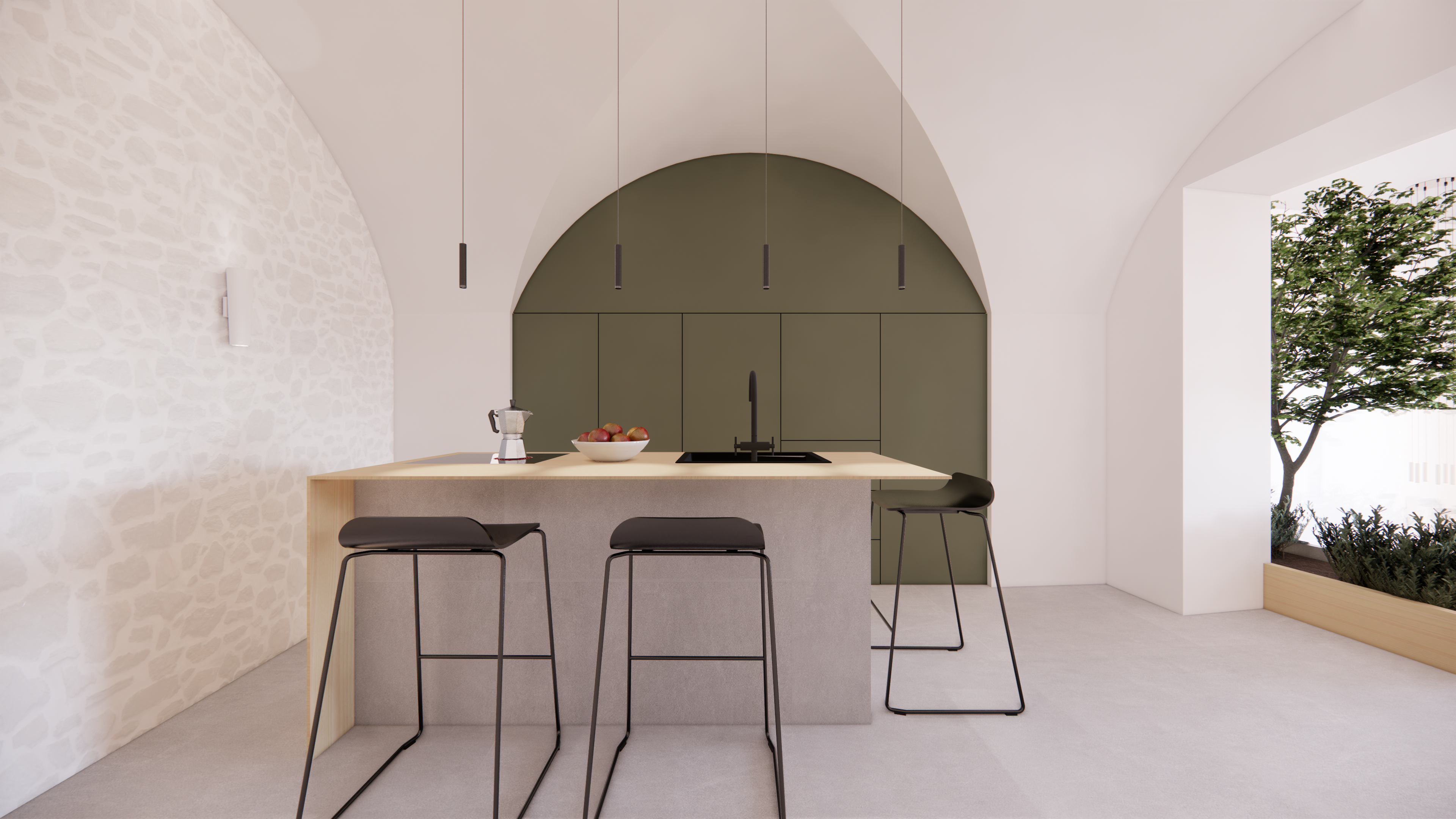 Kitchen table with visible old vaults. The furniture displays the colors of olive green and soil