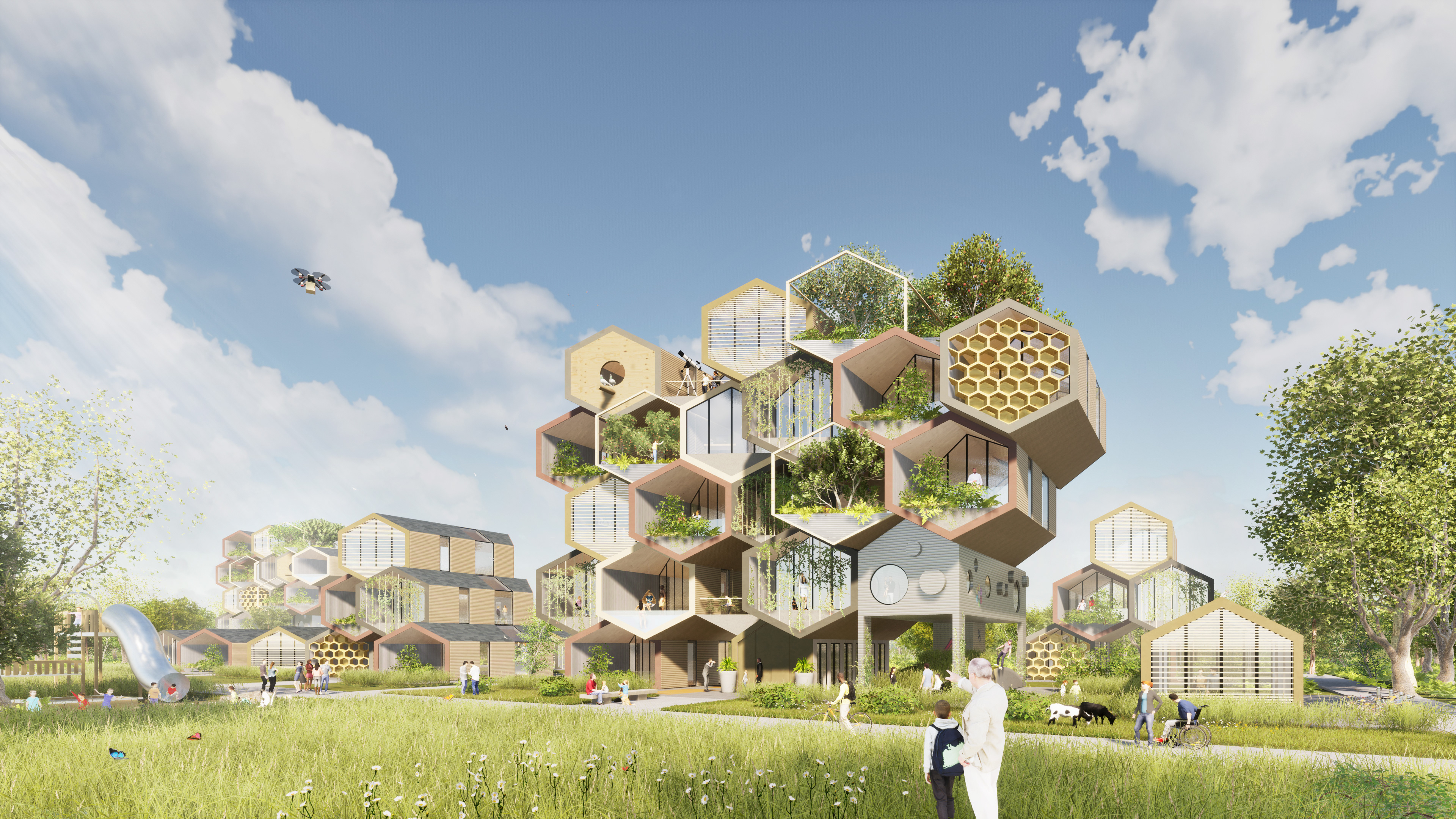 Facade on the HIVE Project, showing the honeycomb shape of the builing
