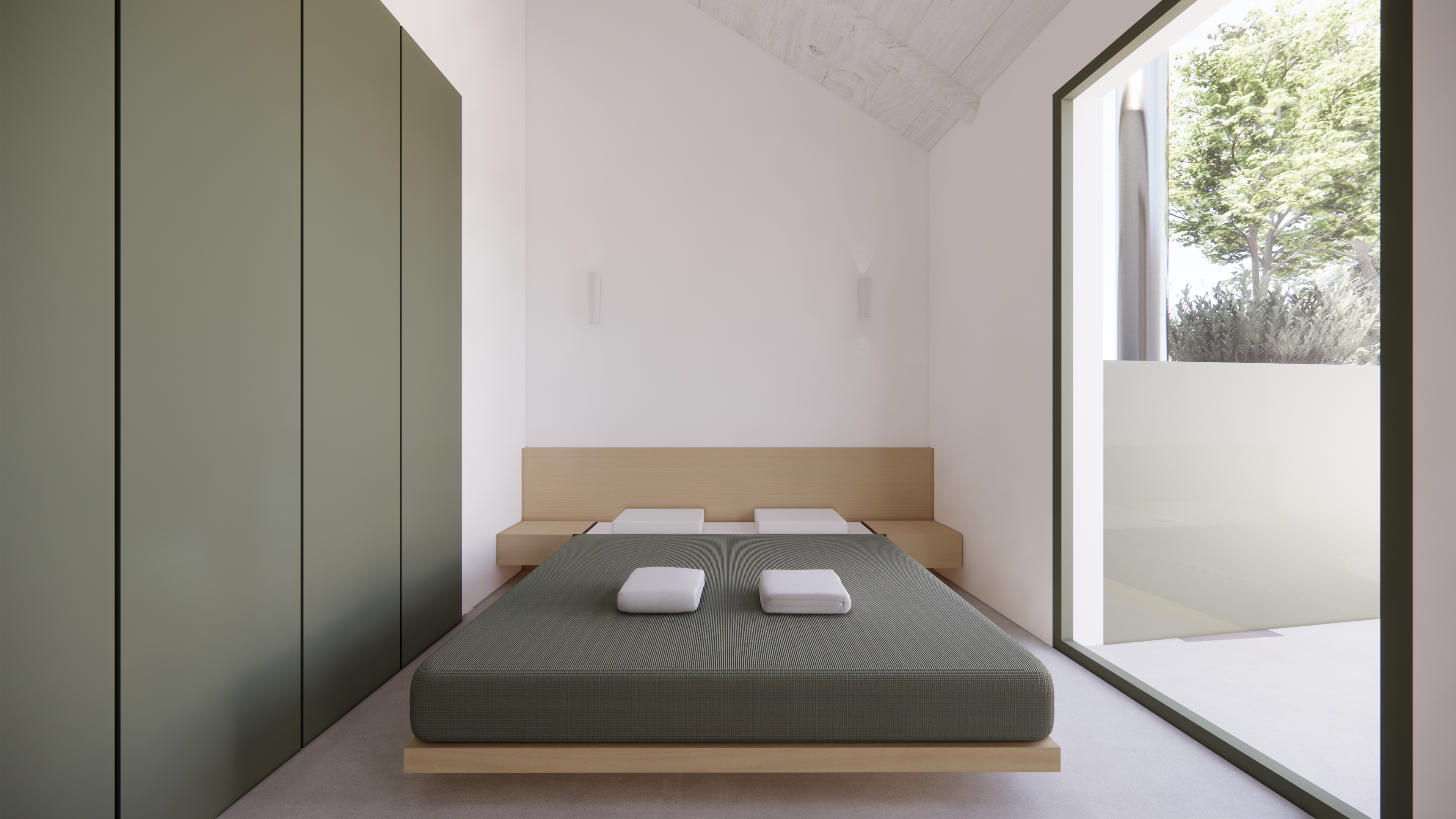Bedroom with olive green and white pillows