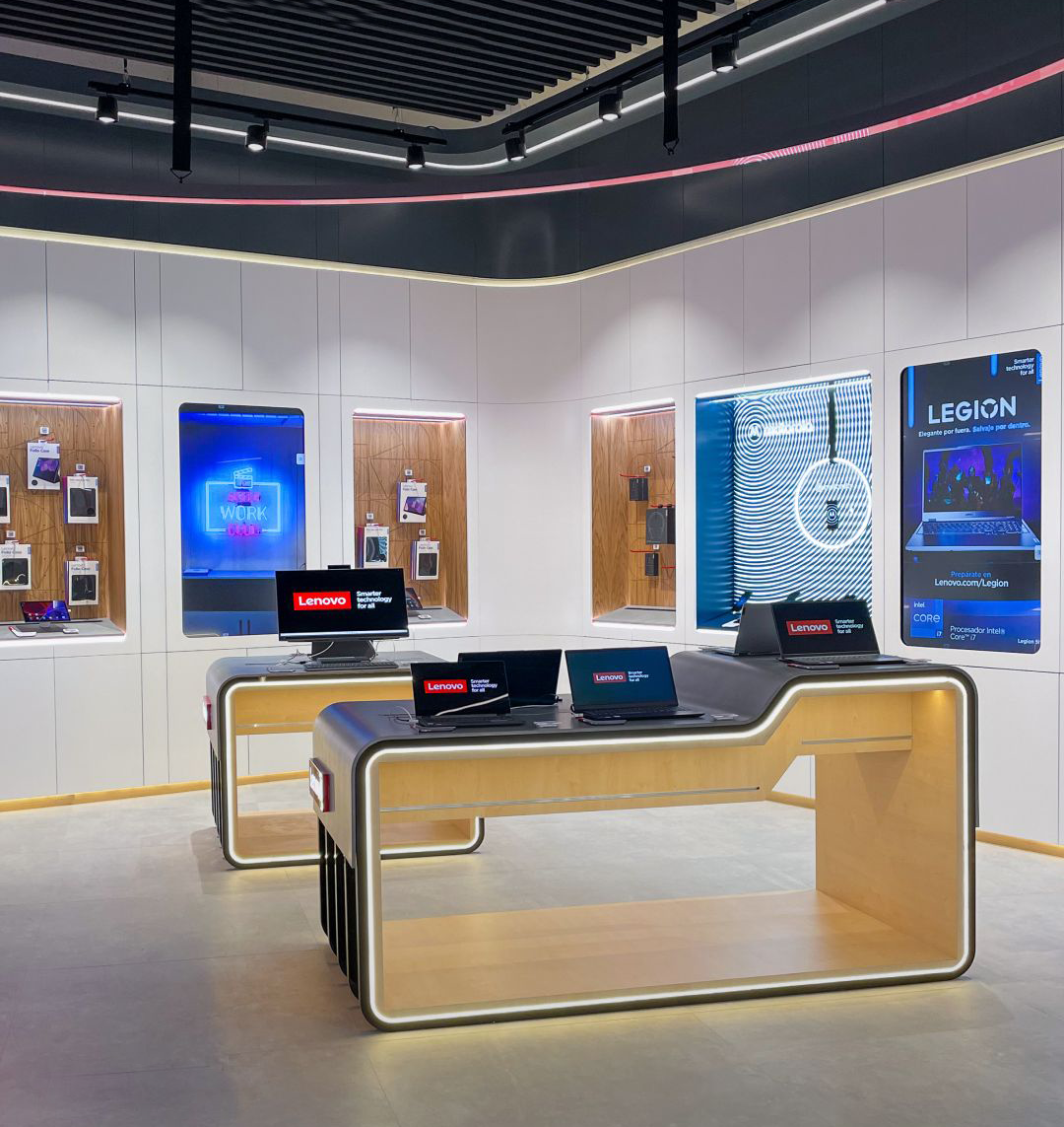 Branding, Retail Design, Interior Design, Sustainable Design, Tech Industry, Lenovo, Legion, Motorola, UOOU Studio, Gianluca Santosuosso, Wood, Interactive Space, Product Table Display Mediamarkt, Madrid, Spain
