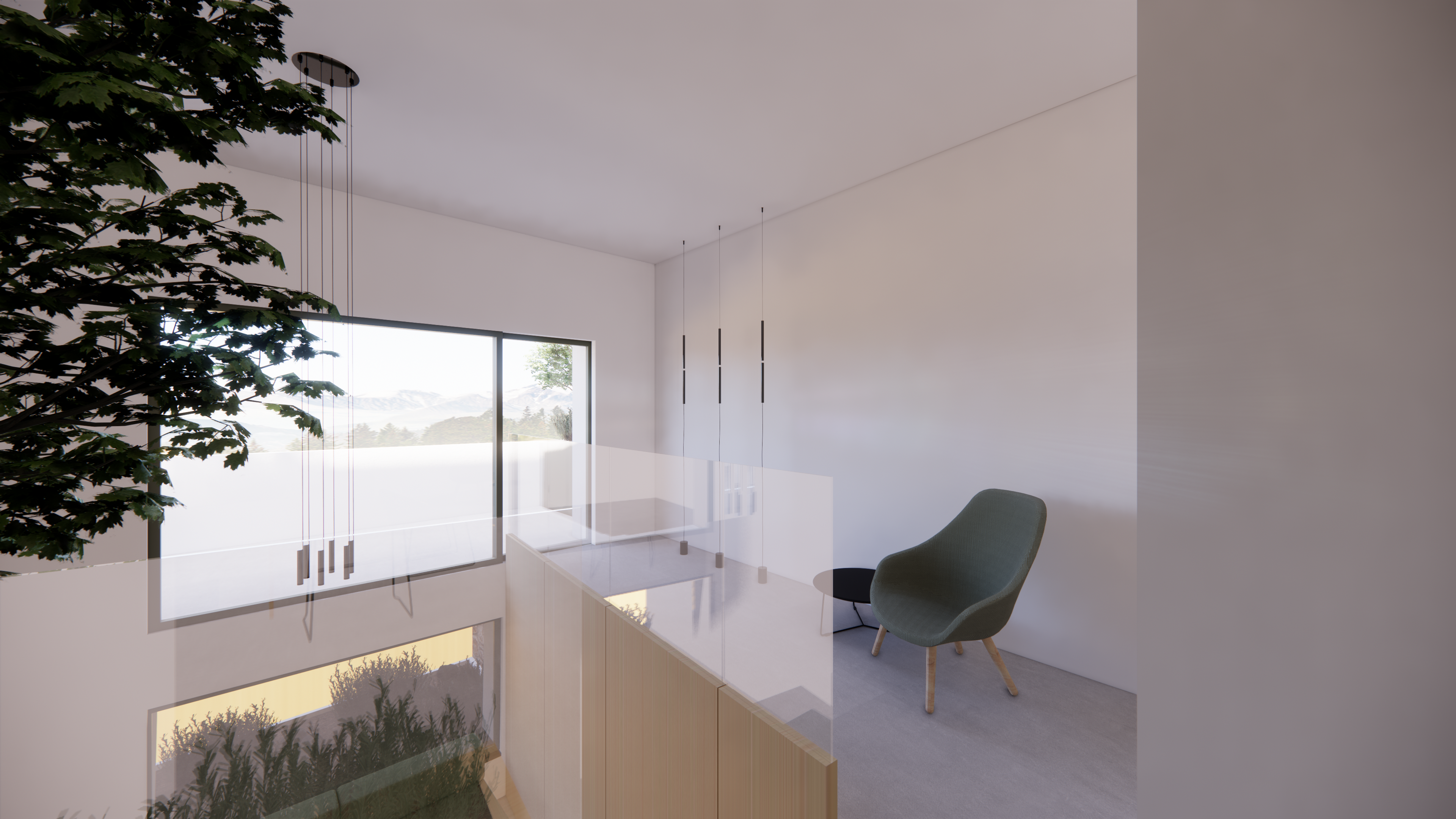 A wide sunlit livingroom with a balcony and a living tree inside it with