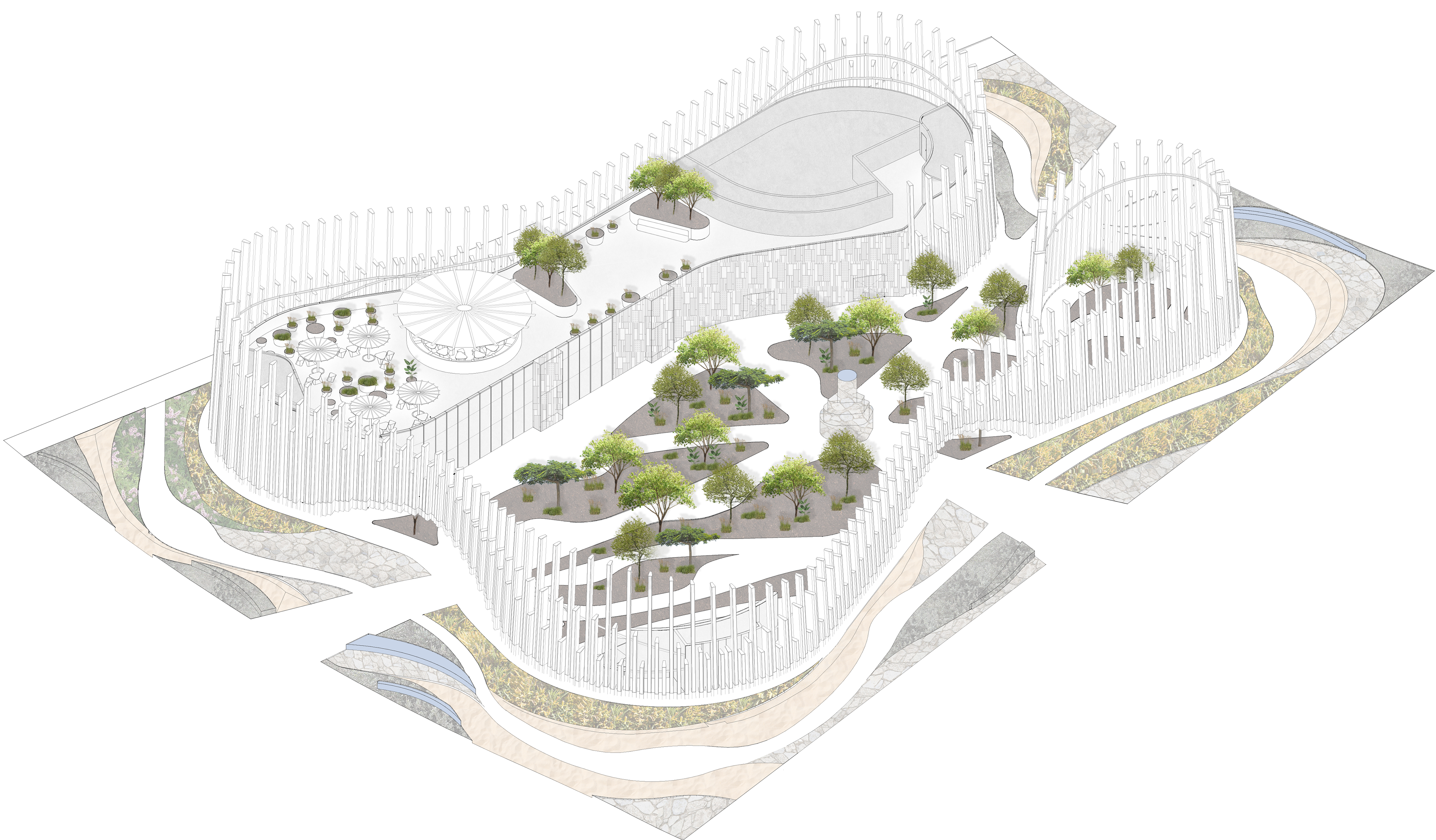 North-east isometric view of the pavilion, showcasing the diverse soils and plants