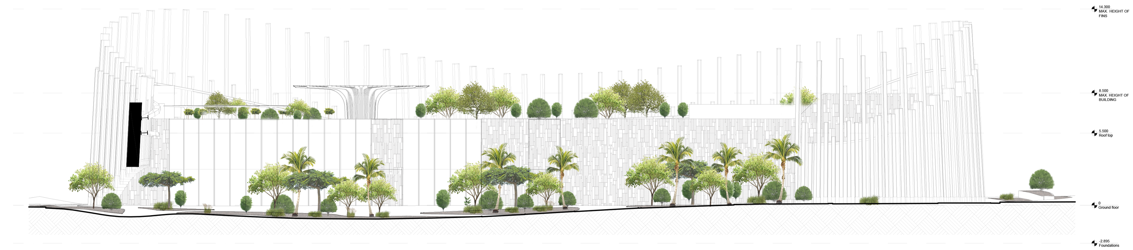 Section CC' displaying various trees on the rooftop and in the garden