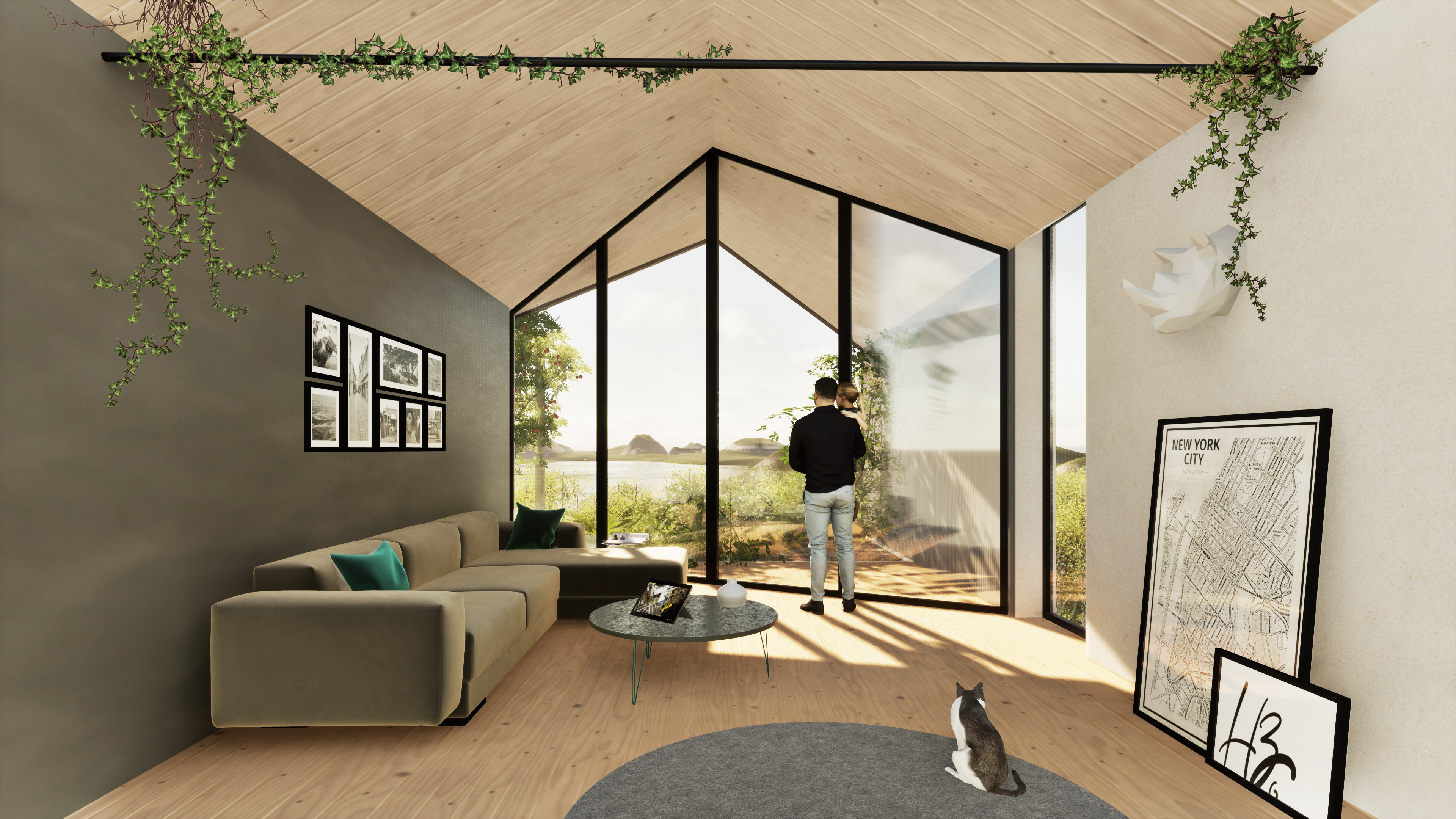 Interior view od the living room, with a man, a children and a cat looking outside of a large window