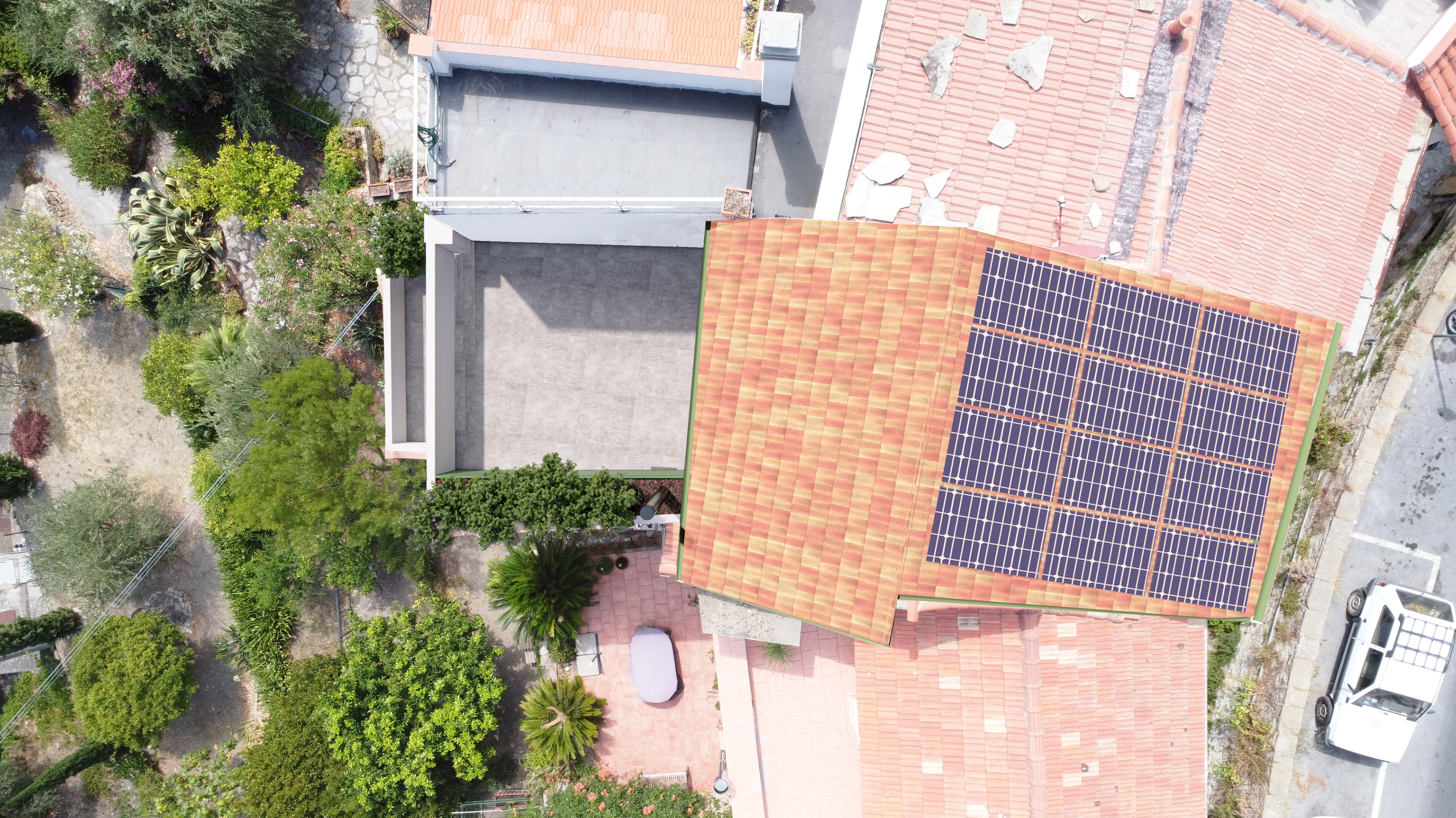 Birdeye view on the roof of the hous with solar pannel on it