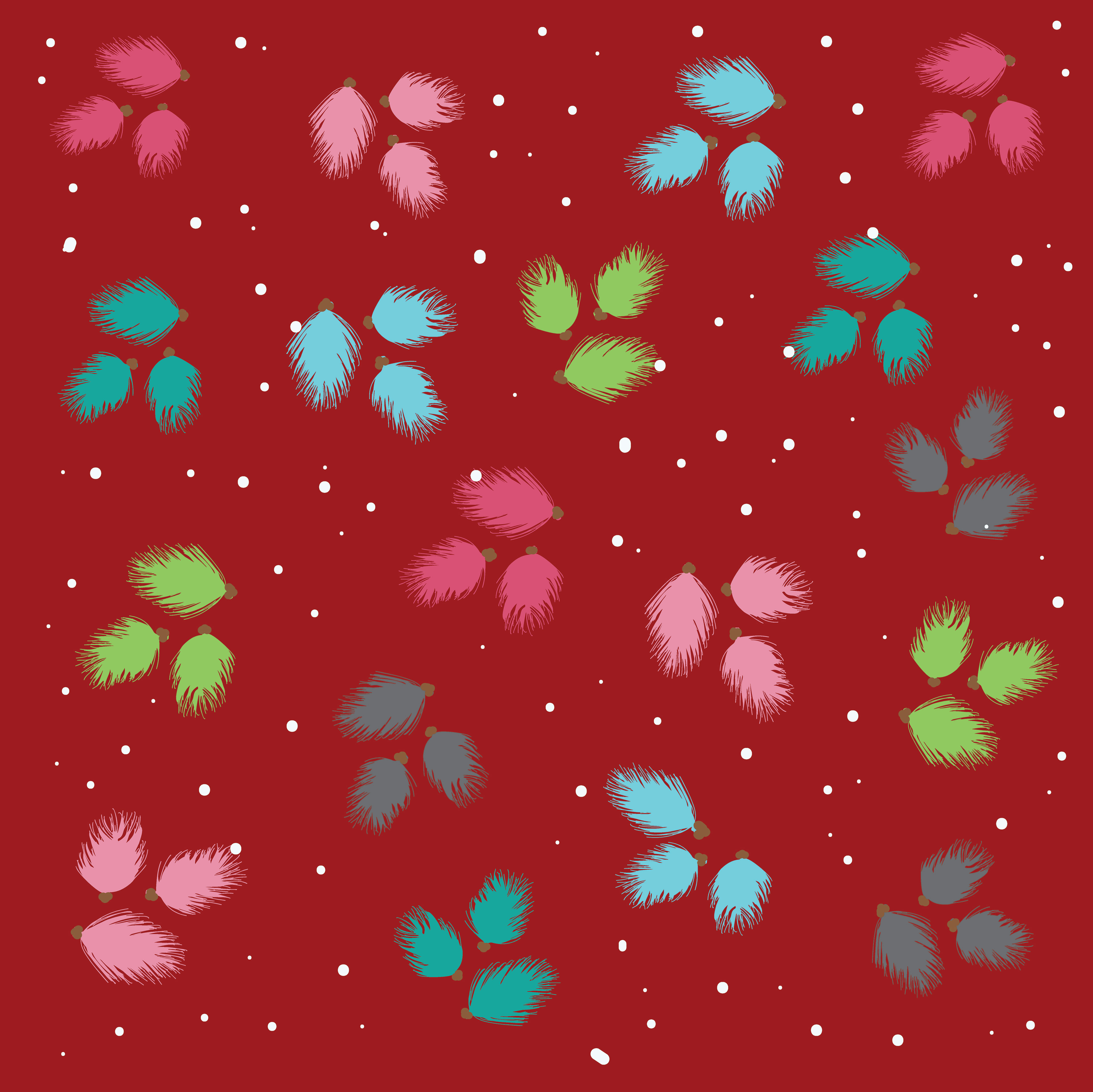 pine pods + snow on red