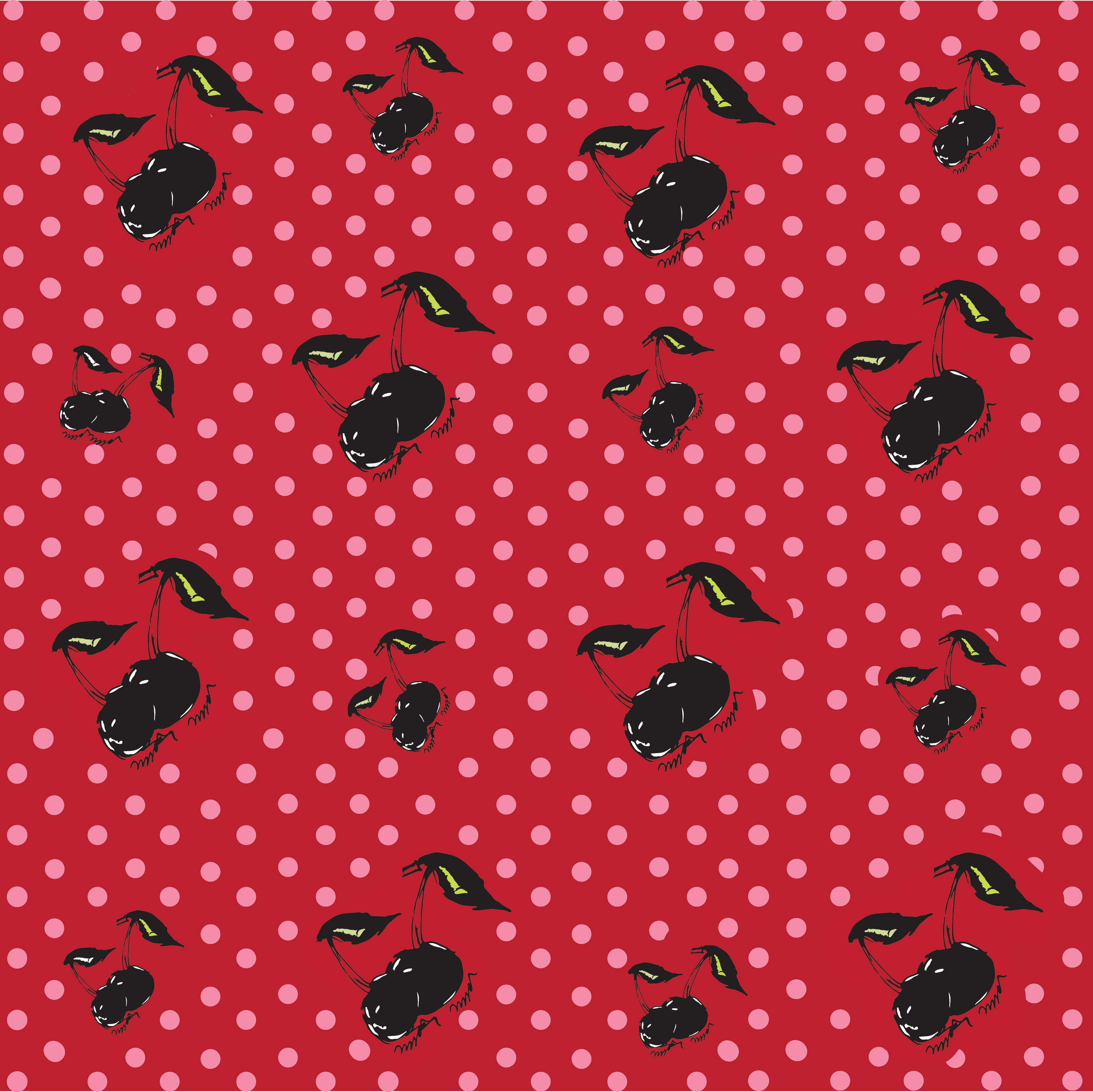 Black Cherries + Pink Polka Dots Pattern