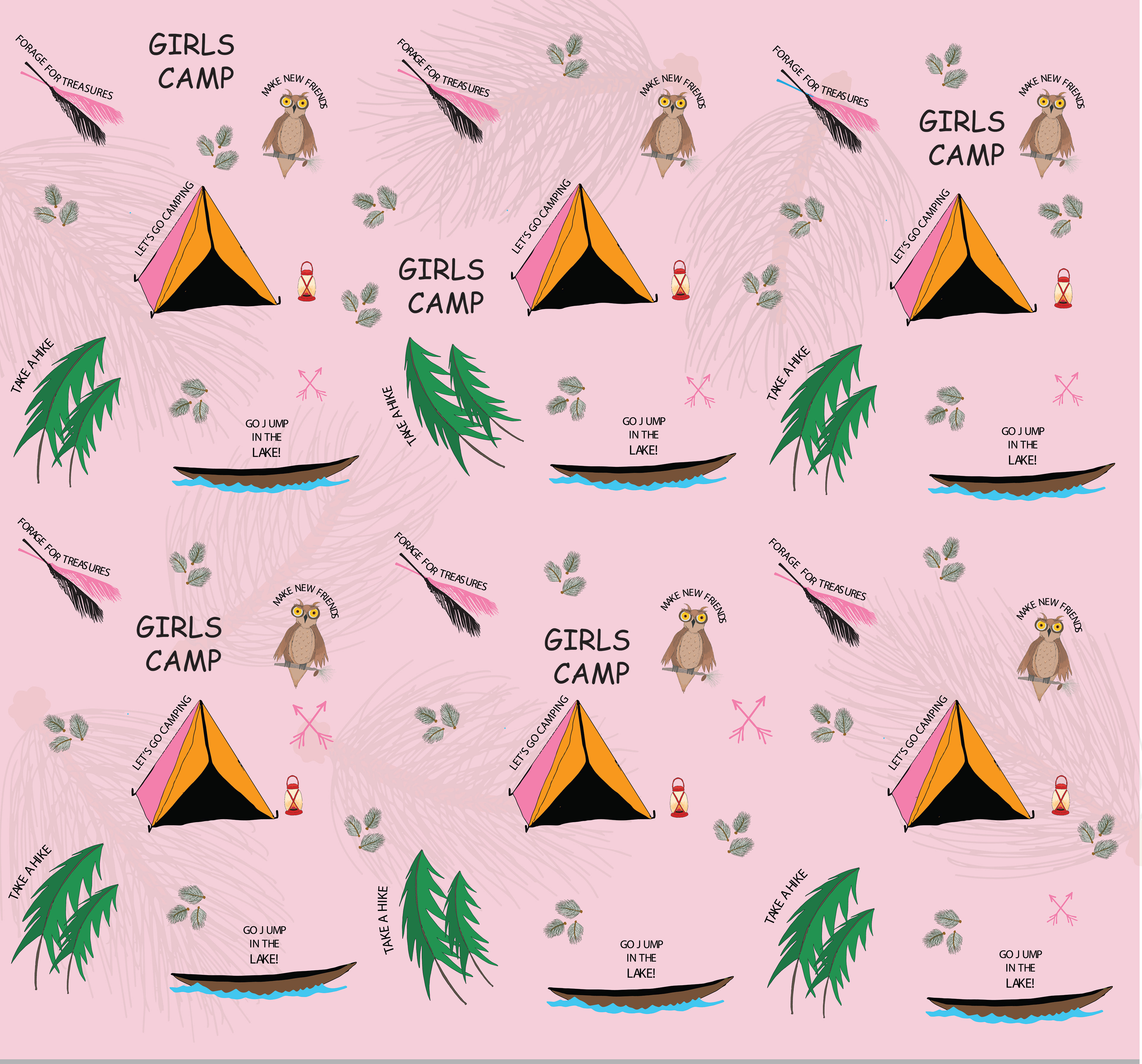 Girls Camping Pattern on Pink