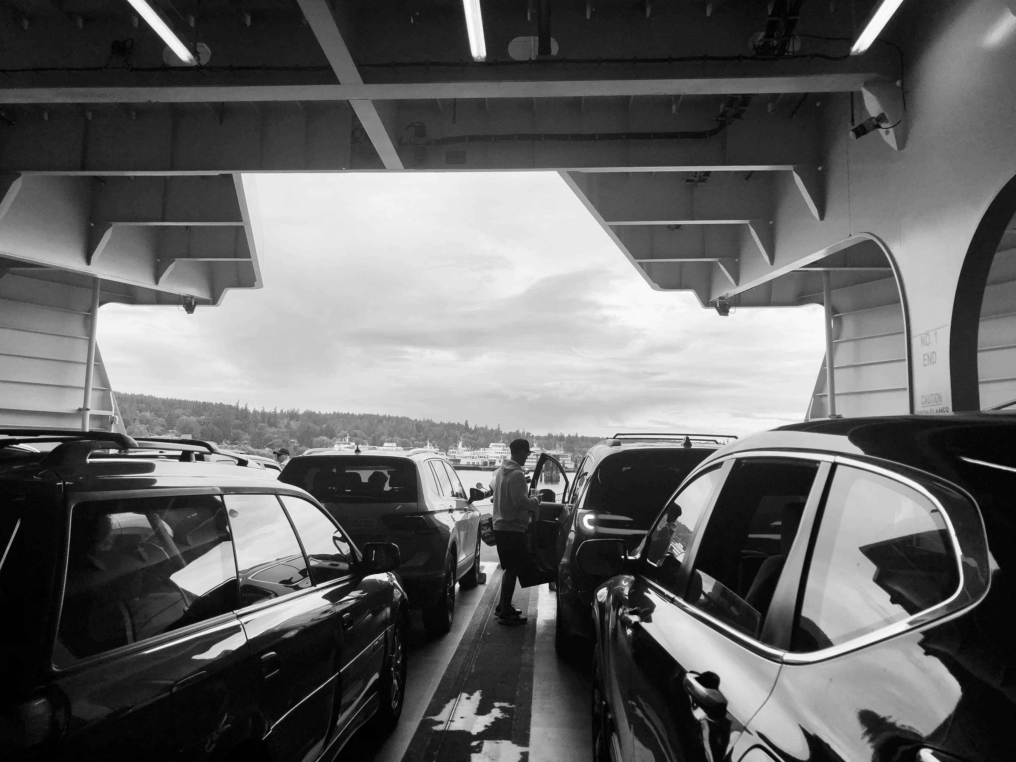 Ferry ride from Seattle in black and white.