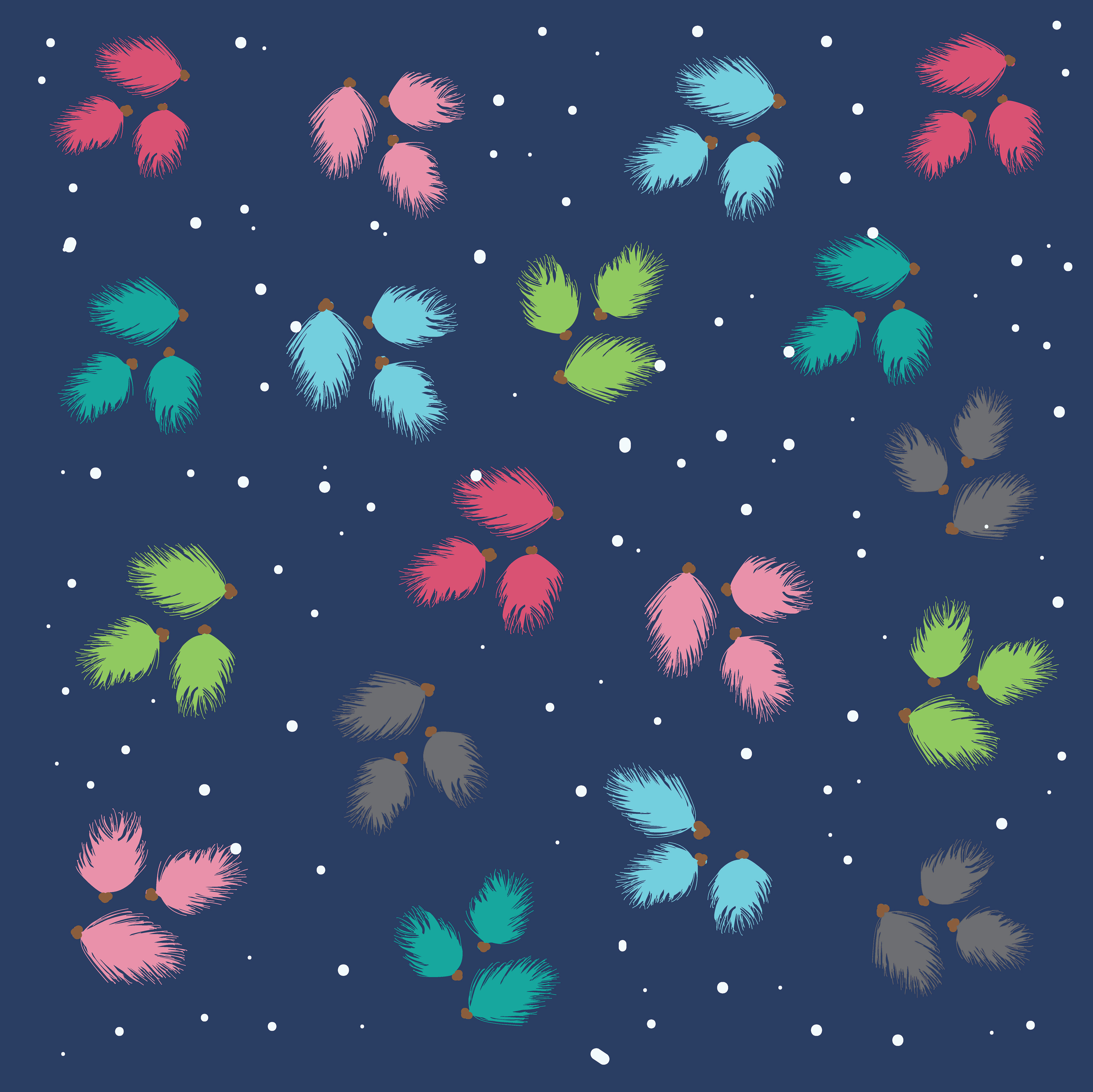 pine pods + snow on blue