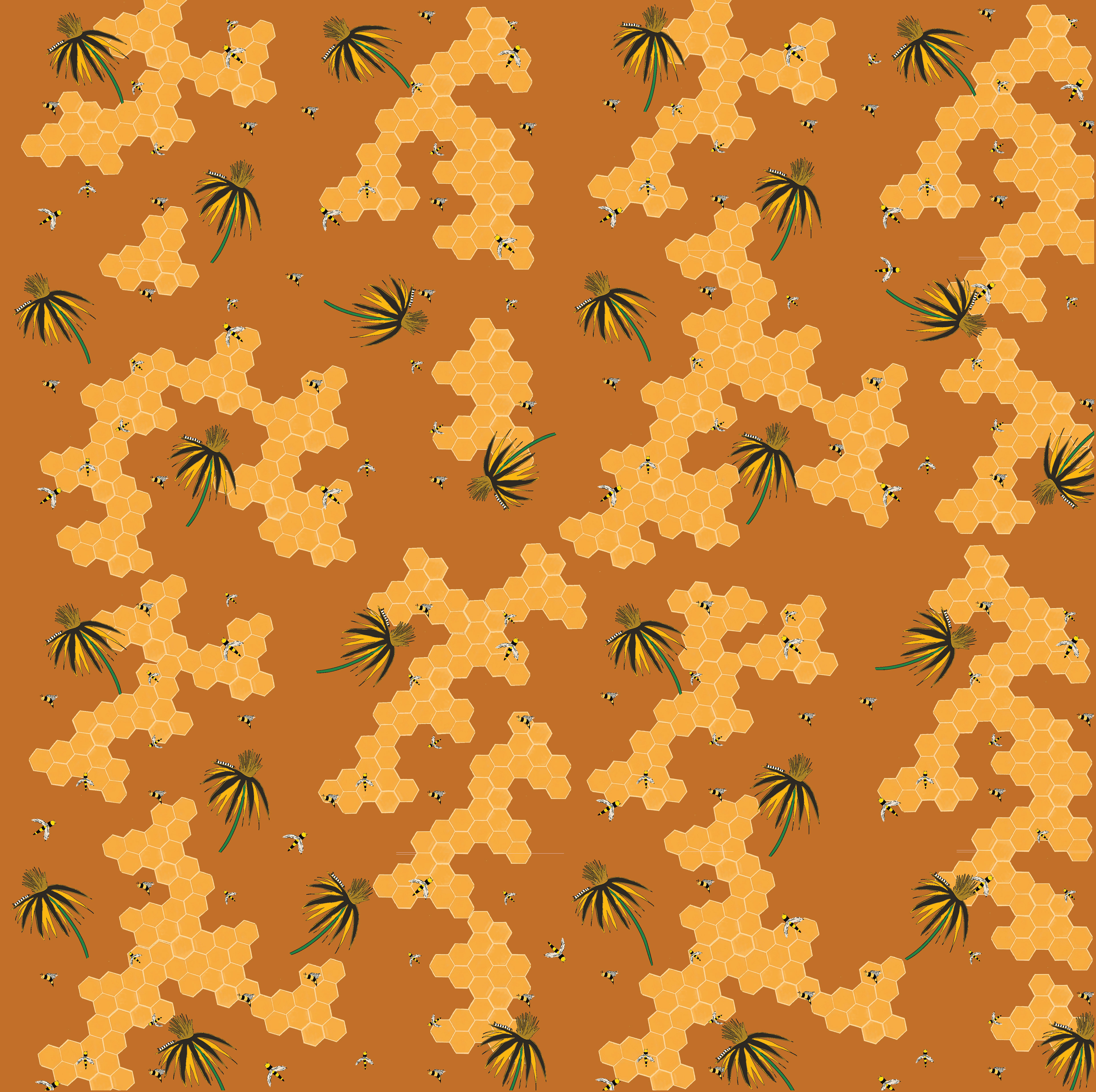 Honeycombs with Coneflowers + Bees on Gold