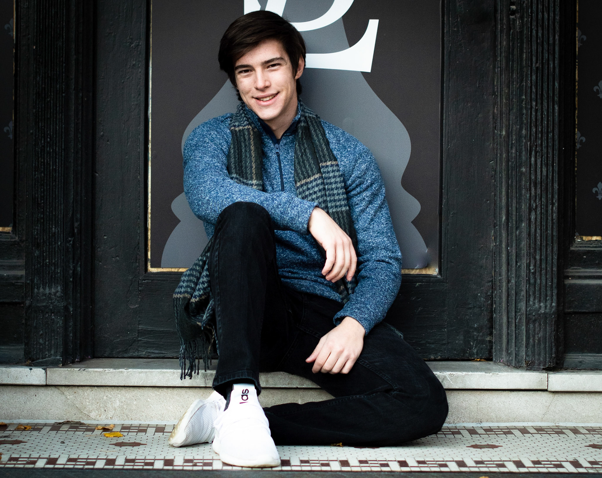 high school senior guy urban, blue sweater, scarf, black hair, sneakers