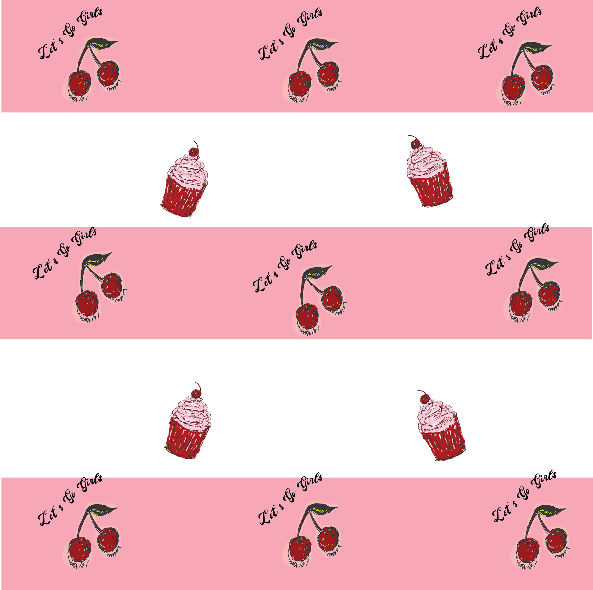 Let's Go Girls pattern cupcakes and cherries light pink