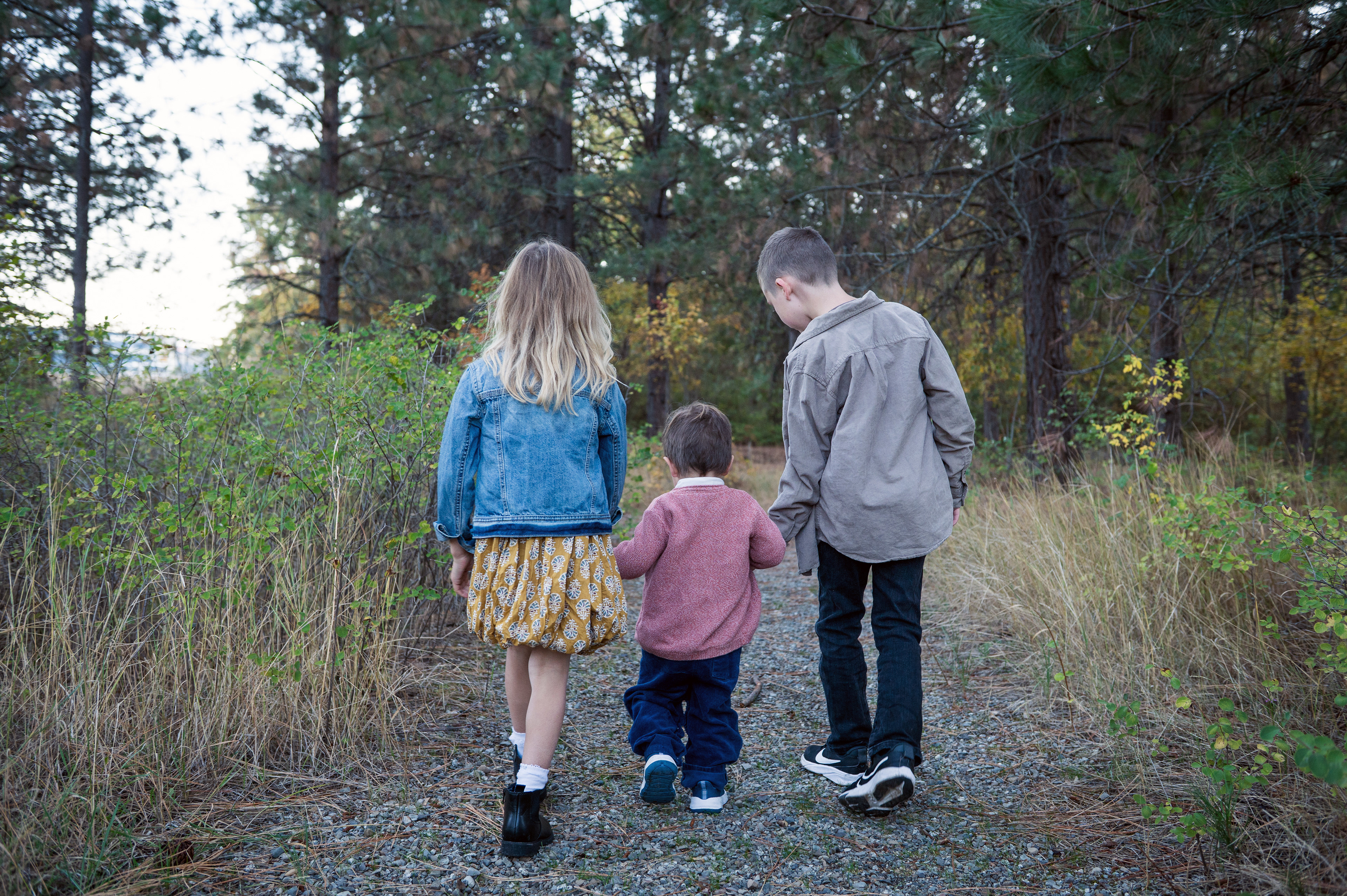 Older siblings walking with toddler
