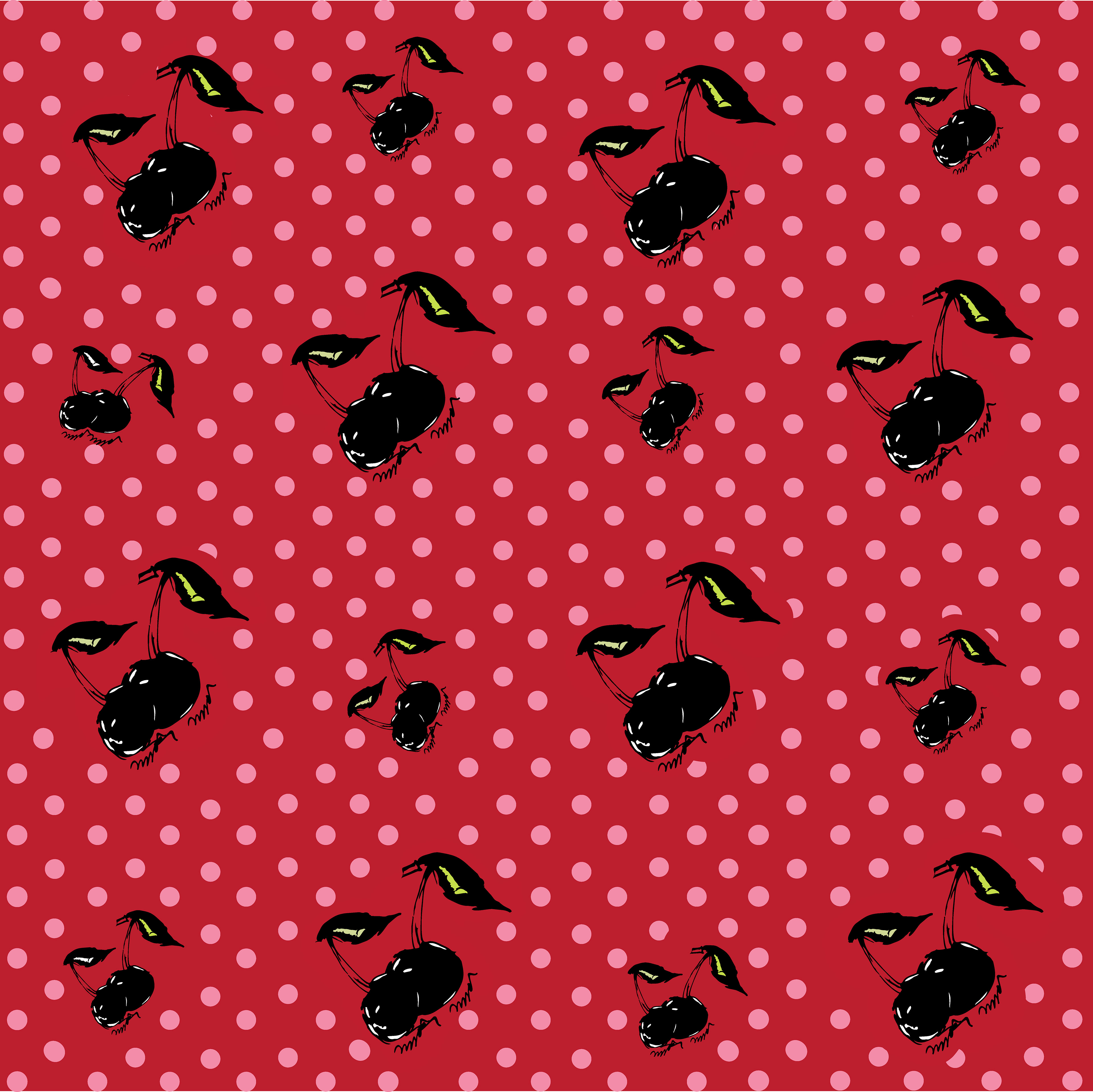 black cherry pattern on pink polka dots