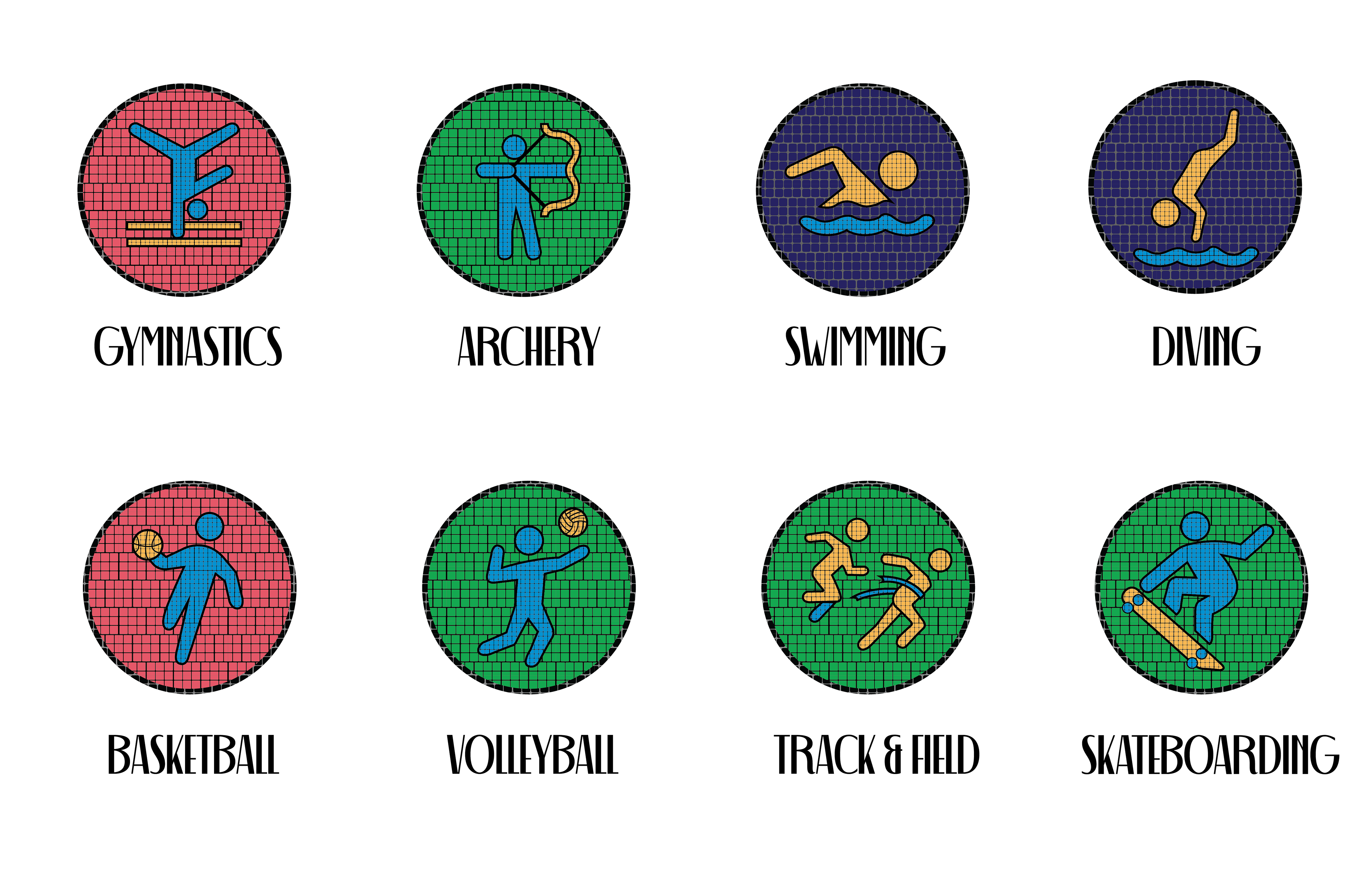 Mosaic-style icons for a selection of Olympic sports
