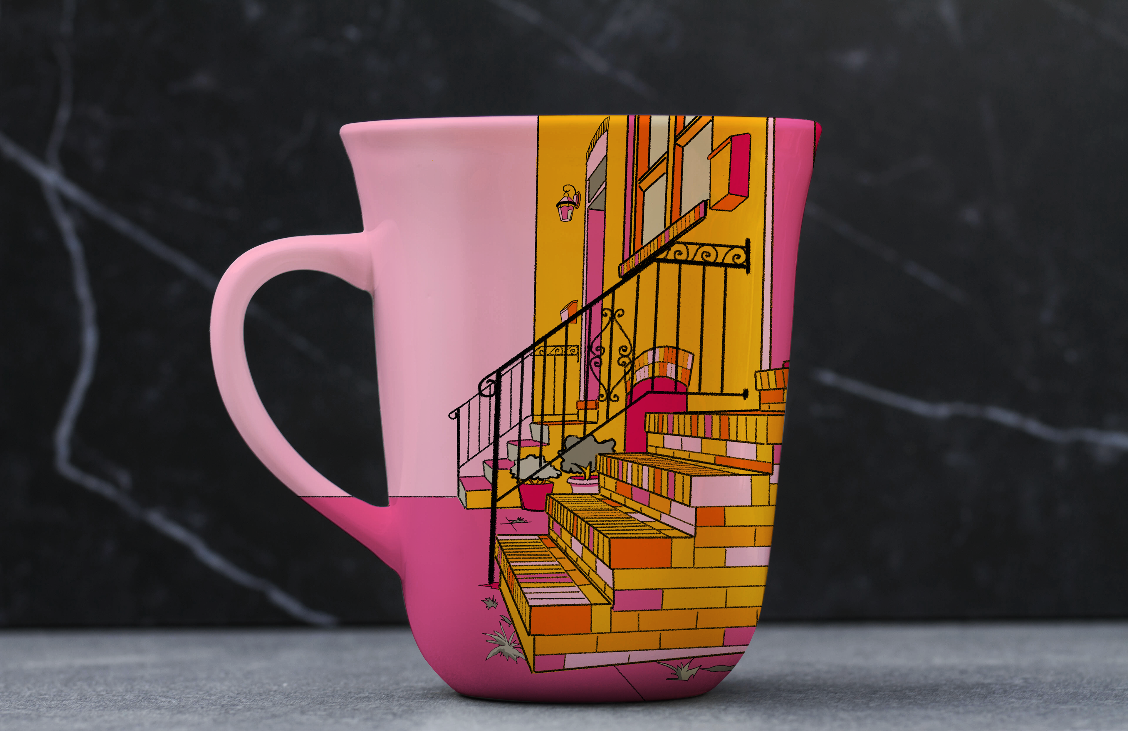 Mug mockup featuring stoop key art