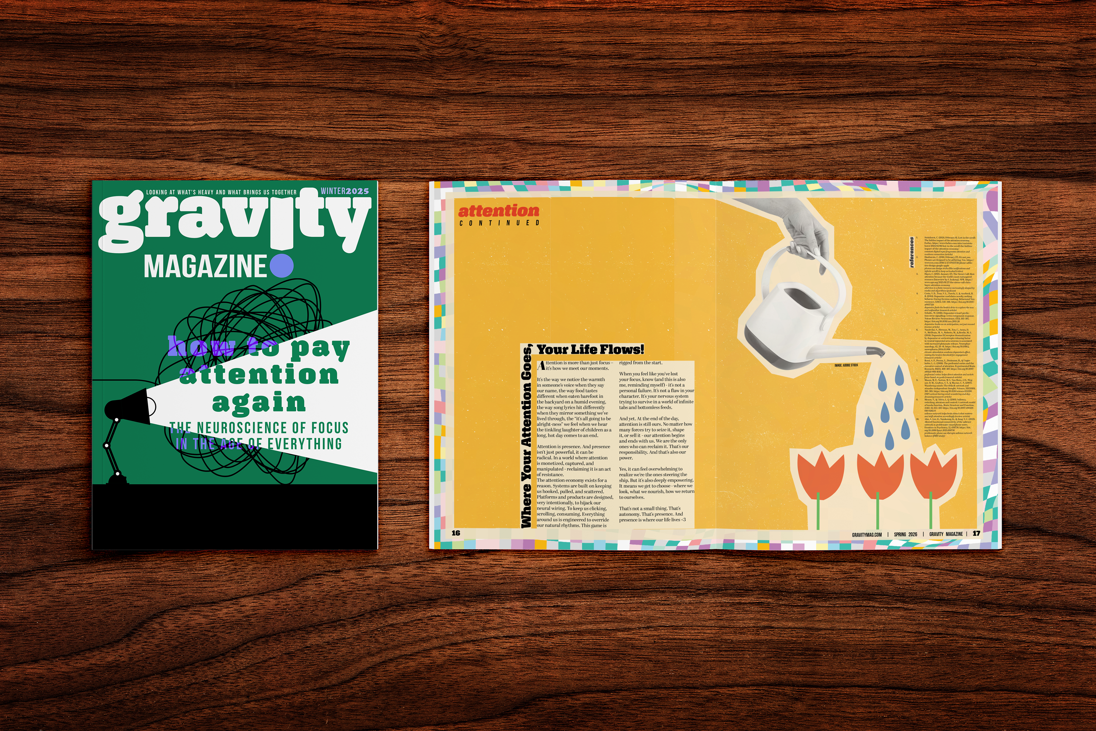 Cover and spread mockup for "How to Pay Attention Again" feature in Gravity Magazine