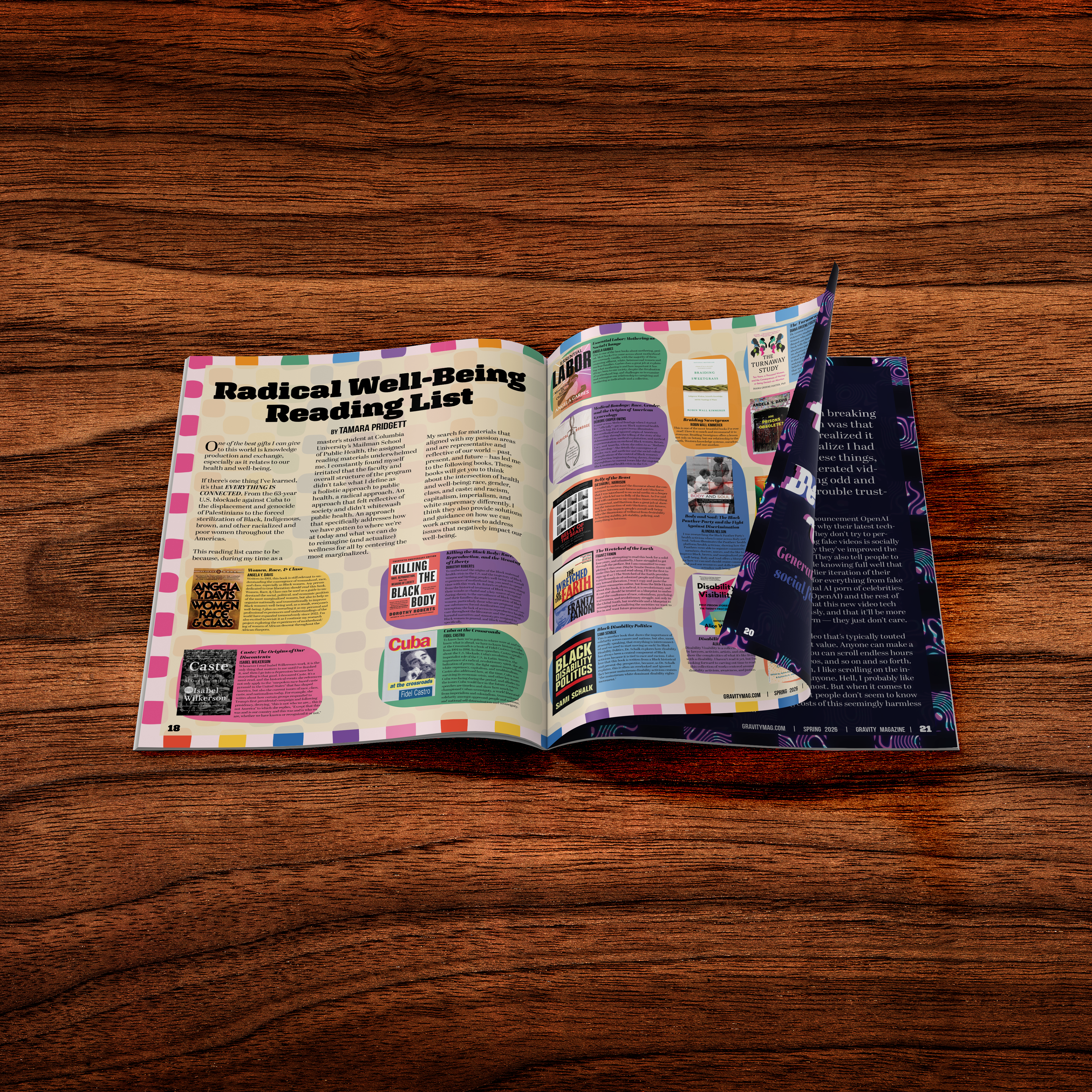 Mockup spread for "Radical Well-Being Reading List" feature in Gravity Magazine