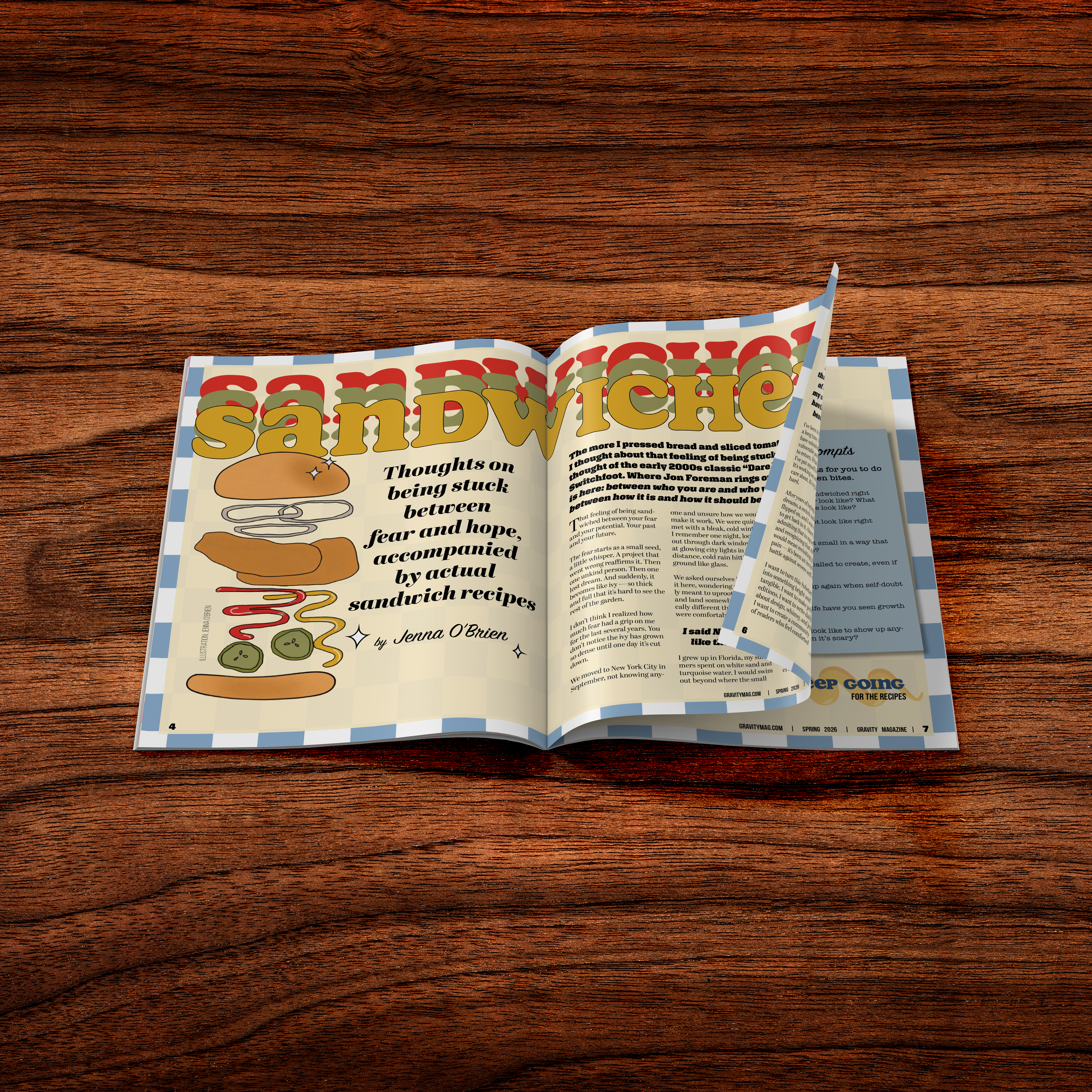 Mockup spread for "Sandwiched" feature in Gravity Magazine
