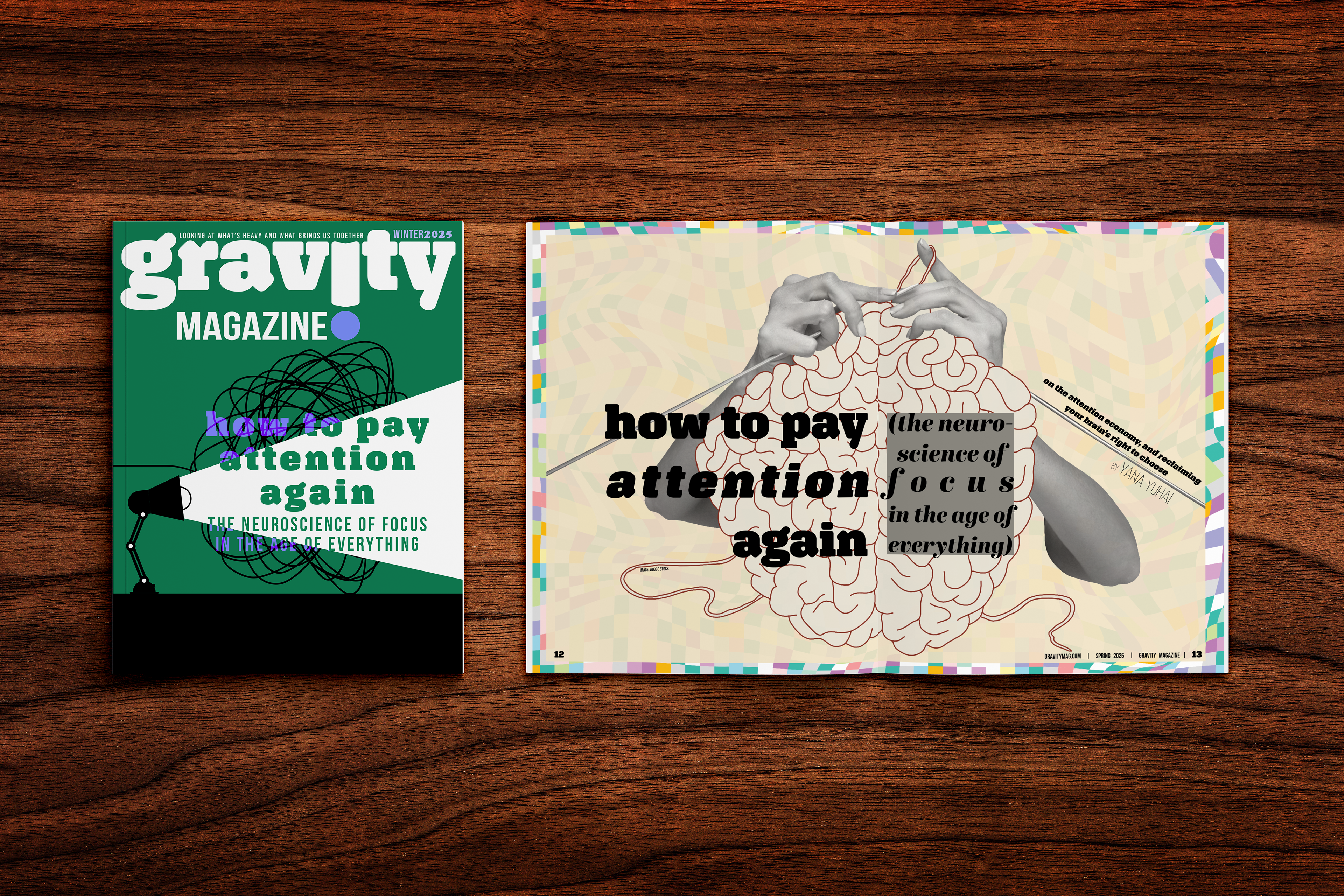 Cover and spread mockup for "How to Pay Attention Again" feature in Gravity Magazine