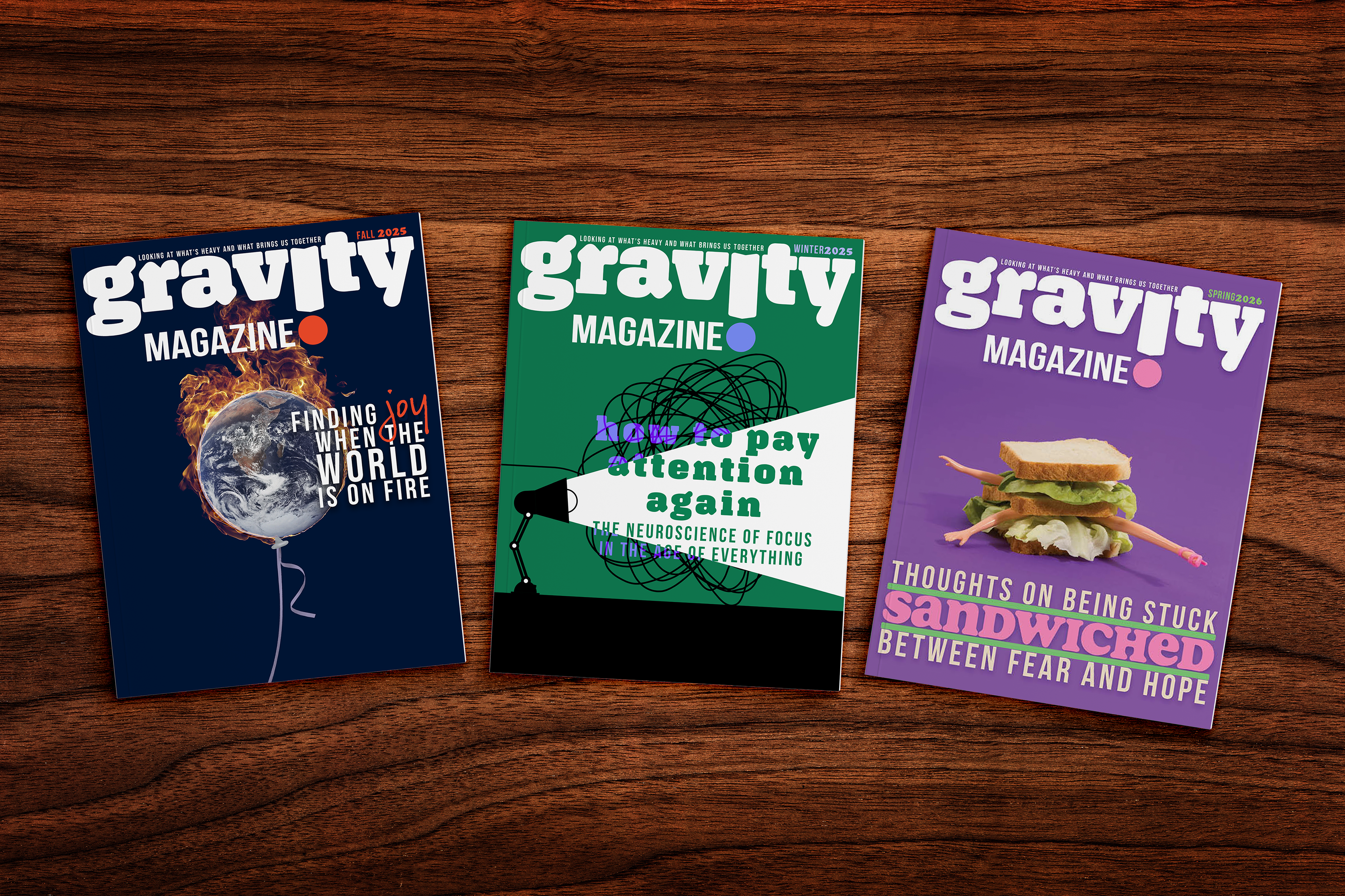 Cover mockups for three issues of Gravity Magazine