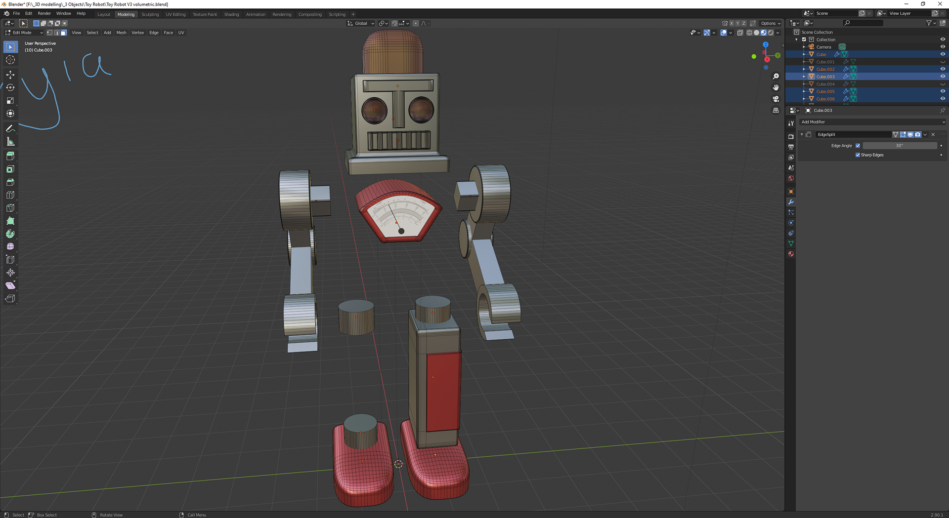 The overall view of the robot, in edit mode to see the polygons that make it up