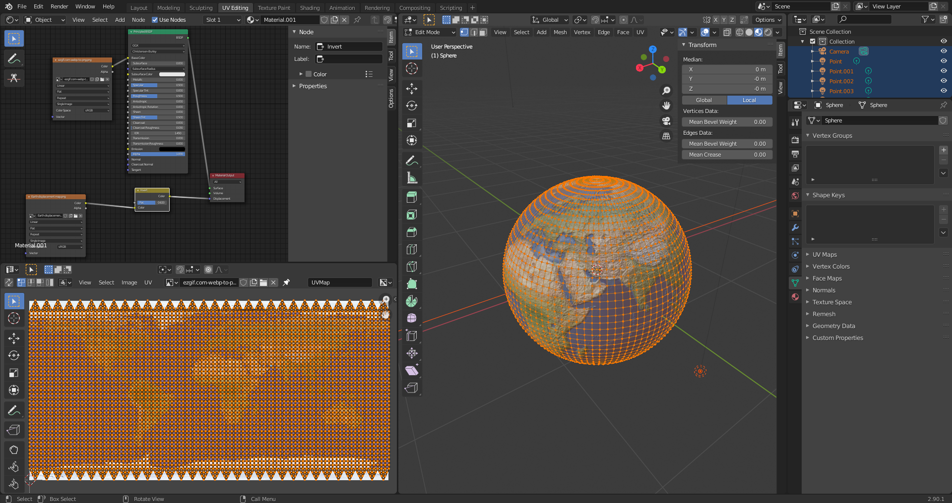 A UV map in the bottom left with all the polygons of the shape unravelled over the top, to map the image.