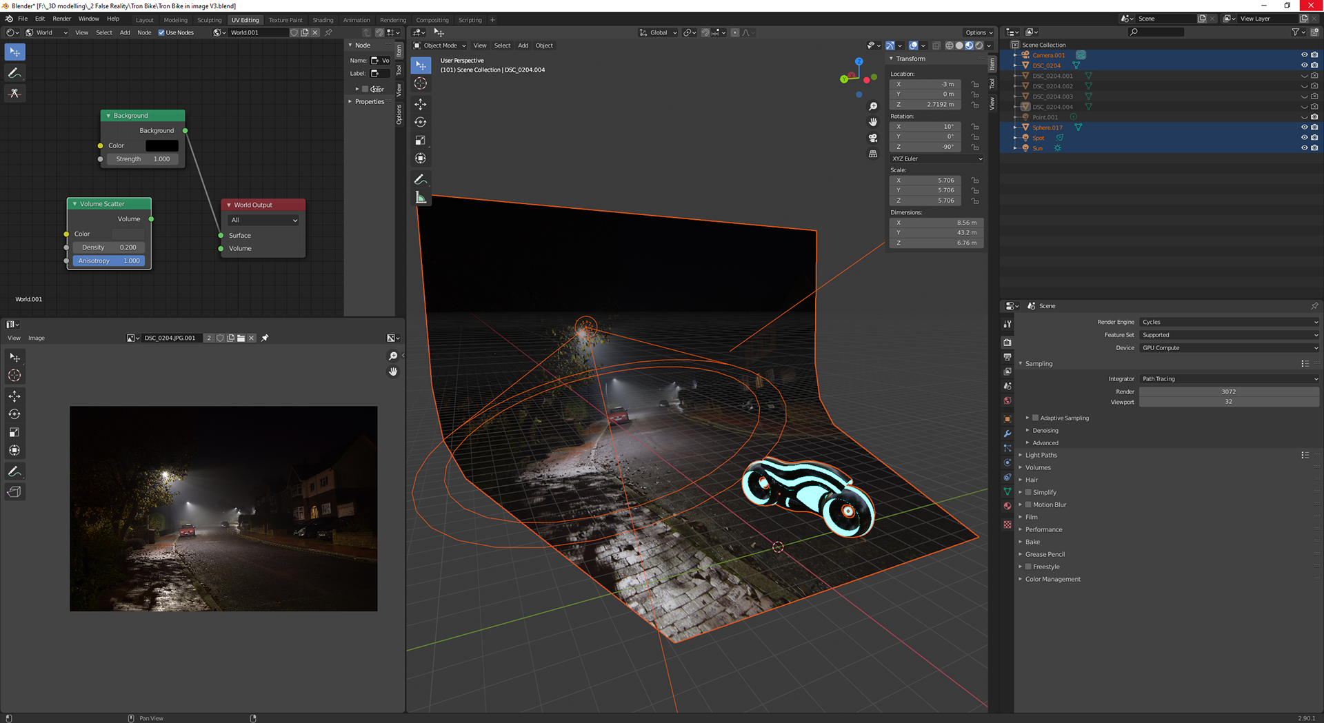 The UV map view with the map in the bottom left, layout in the centre and nodes top left