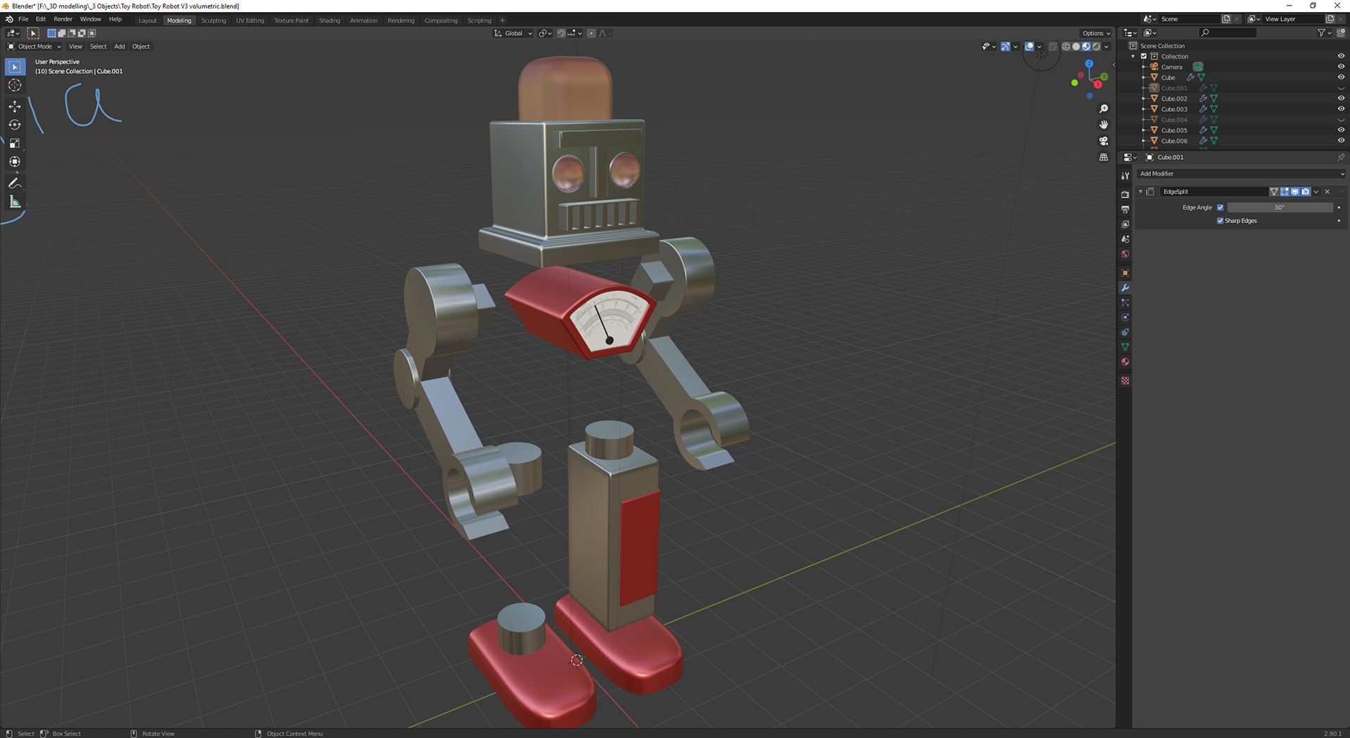 The robot with the chest and a leg hidden to see it is made up of lots of cubes and cylinders that have been transformed