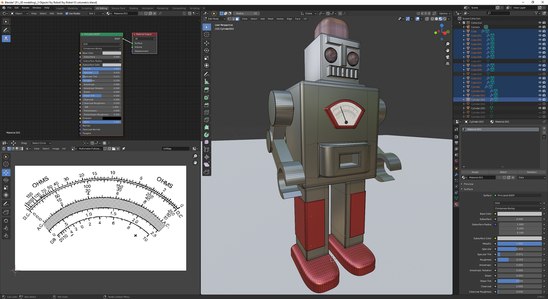The basic view of the robot on the right, with the UV view of the dial on his chest on the left
