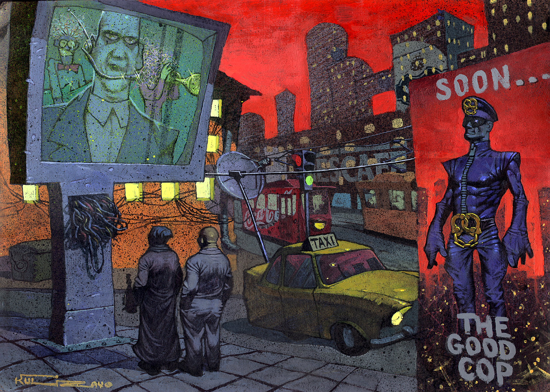Portrayal of the main superhero The Good Cop (right) against a project-specific cityscape.