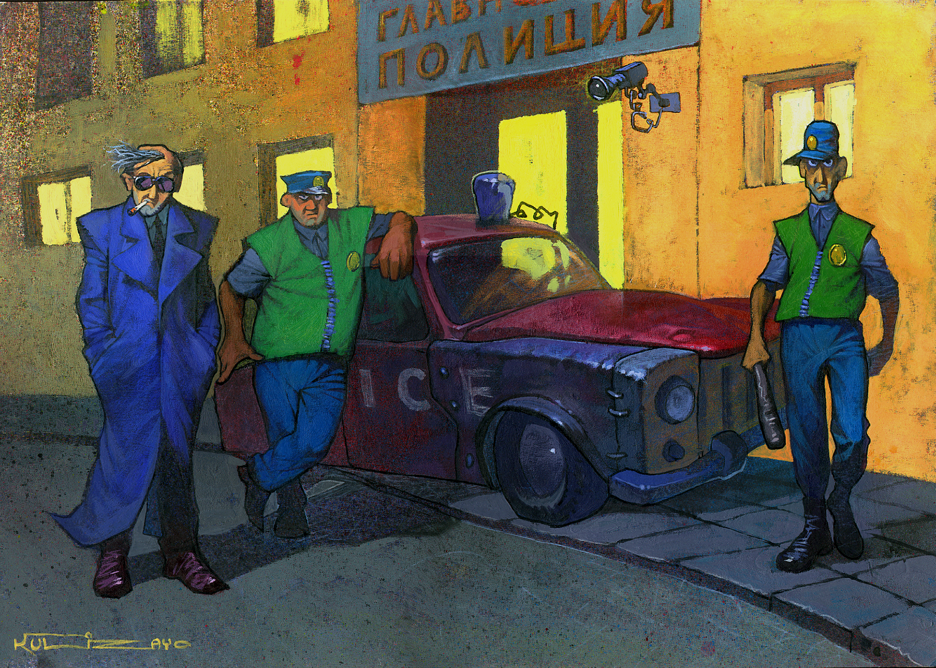 The police chief and cops Pepo and Walowski in front of the police headquarters.