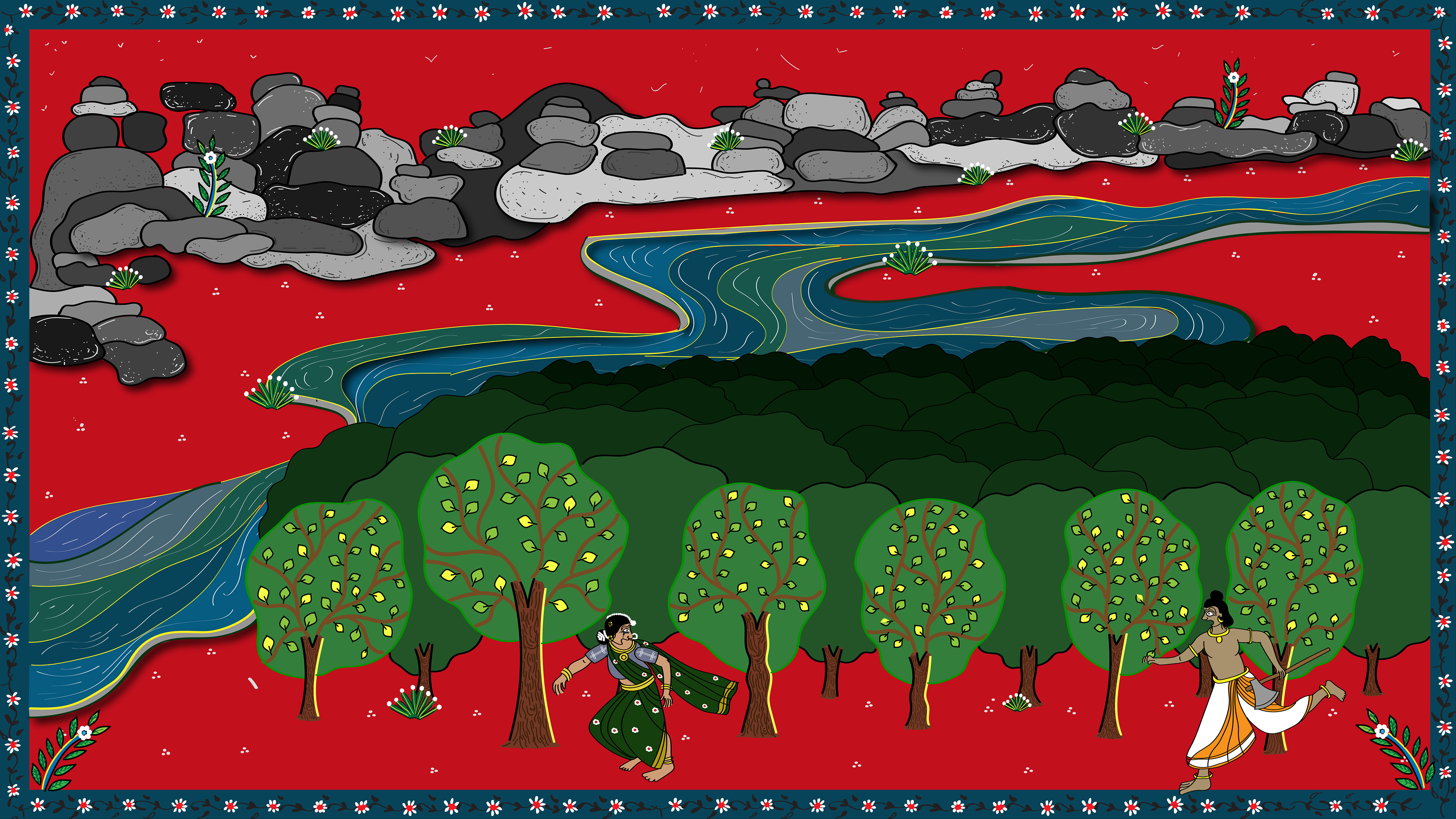 And so the chase began! Renuka fled, running towards the forest, Parushurama at her heel, axe at the ready!