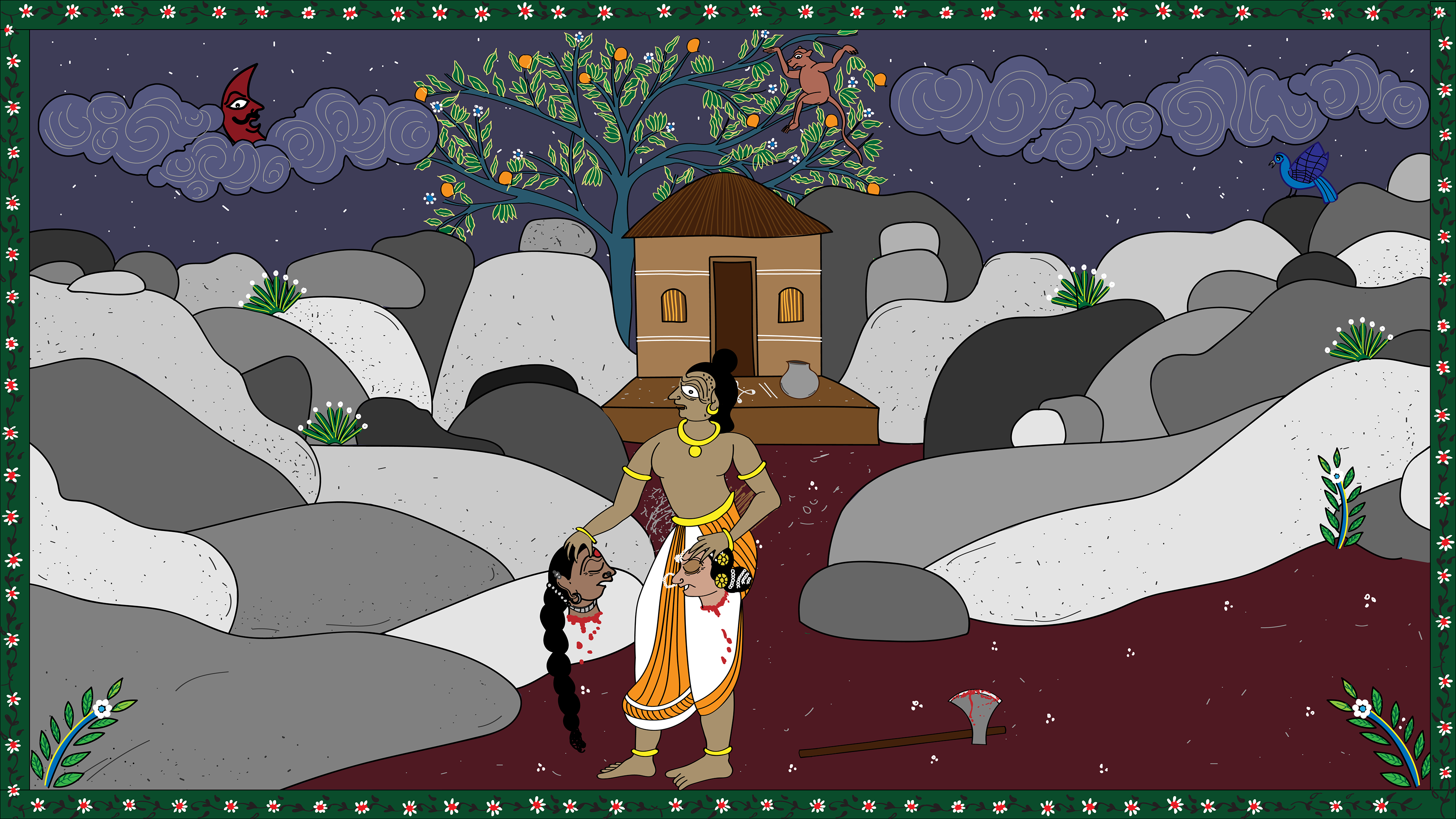 Parushurama barges in, drags the women out and beheads them both! The deed is done.