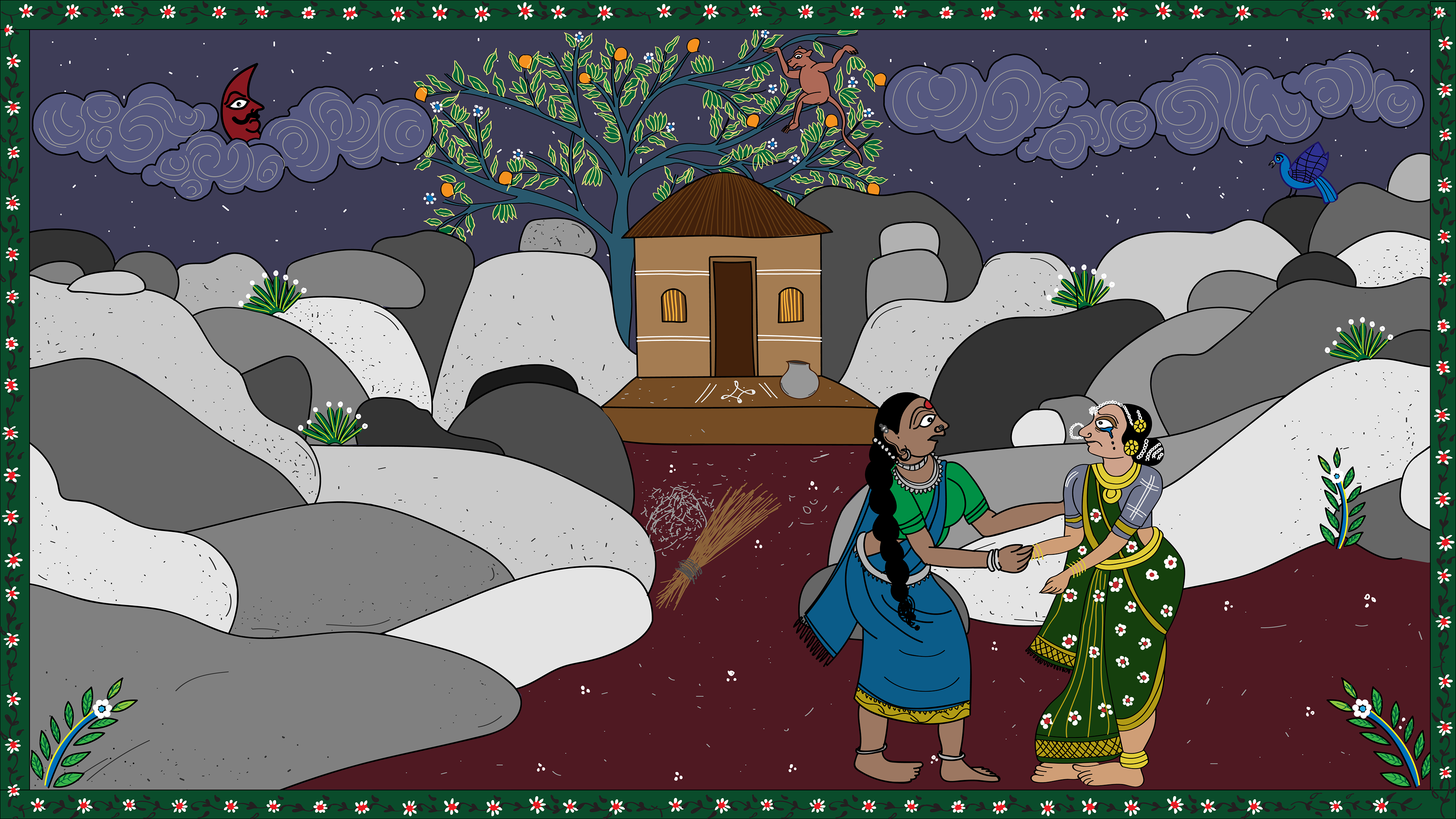 Her frantic search for help and refuge brought her to Yellamma's doorstep - a small hut amidst the rocks. Sobbing and inconsolable, she tells her of the predicament