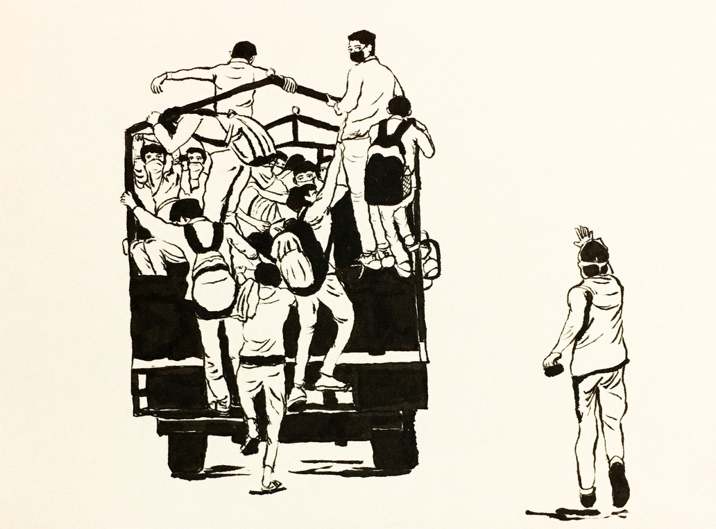88 - A migrant worker runs behind a truck as others try to board it to reach their villages, in Ghaziabad, on the outskirts of New Delhi, 26th March, 2020. Ref image by Adnan Abidi/ Reuters via thewire.in