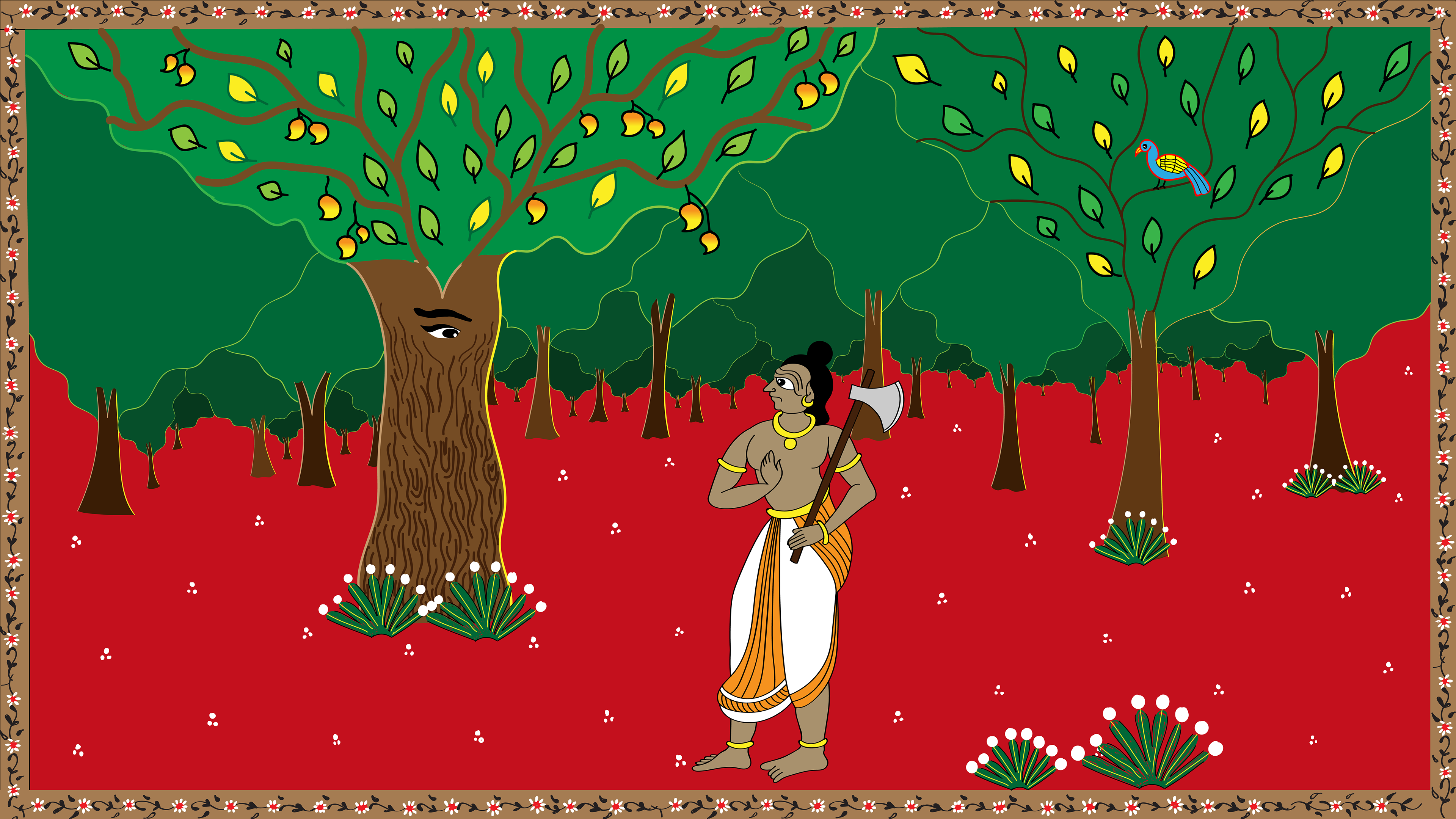 To hide, Renuka first turned into a tree. Parushurama stuggled to spot her at first...but eventually he succeeds.