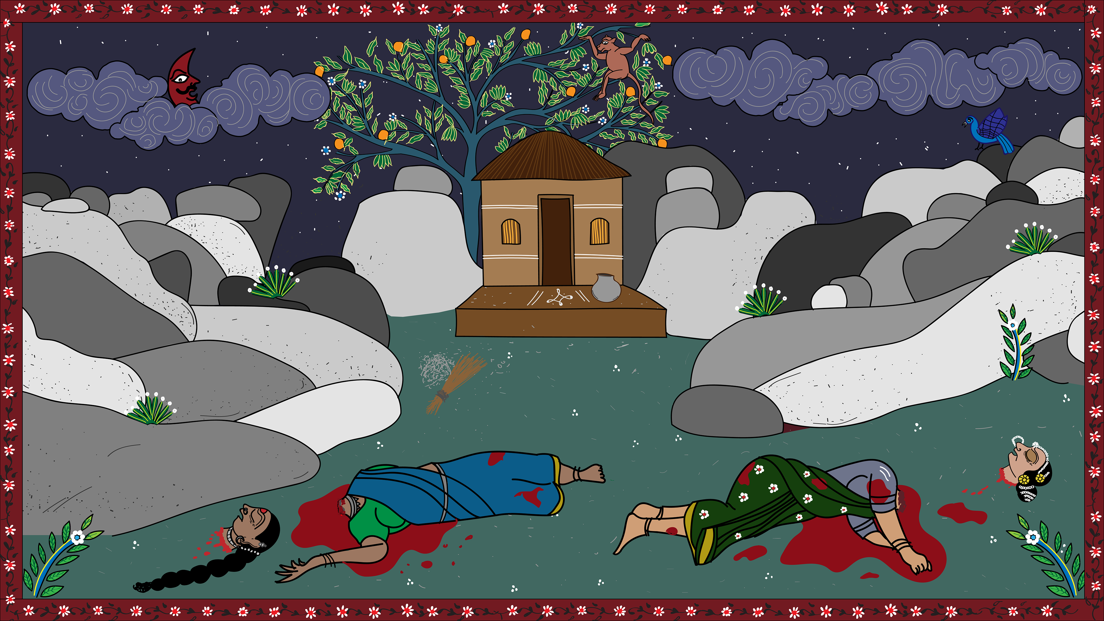 The story begins with the ominous scene of two beheaded women - Renukamma & Yellamma - lying on the ground amongst the rocks; storm clouds gather.