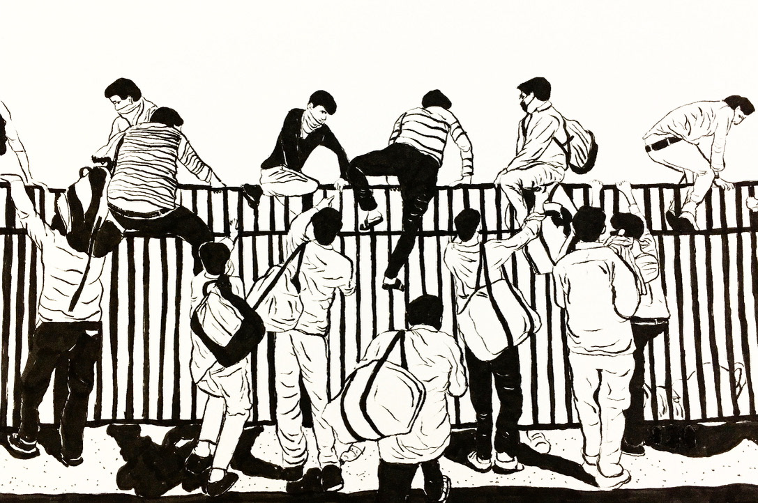 94 - Migrant workers jump over the road divider at Anand Vihar, New Delhi, to catch a bus to the Lal Kuan terminal in Ghaziabad, Uttar Pradesh. They had travelled only six kilometres to Vaishali when the central government announced a ban on all movement of buses. The Delhi police forcefully removed them and asked them to return to their city homes. Ref image by Shahid Tantray for thecaravanmagazine