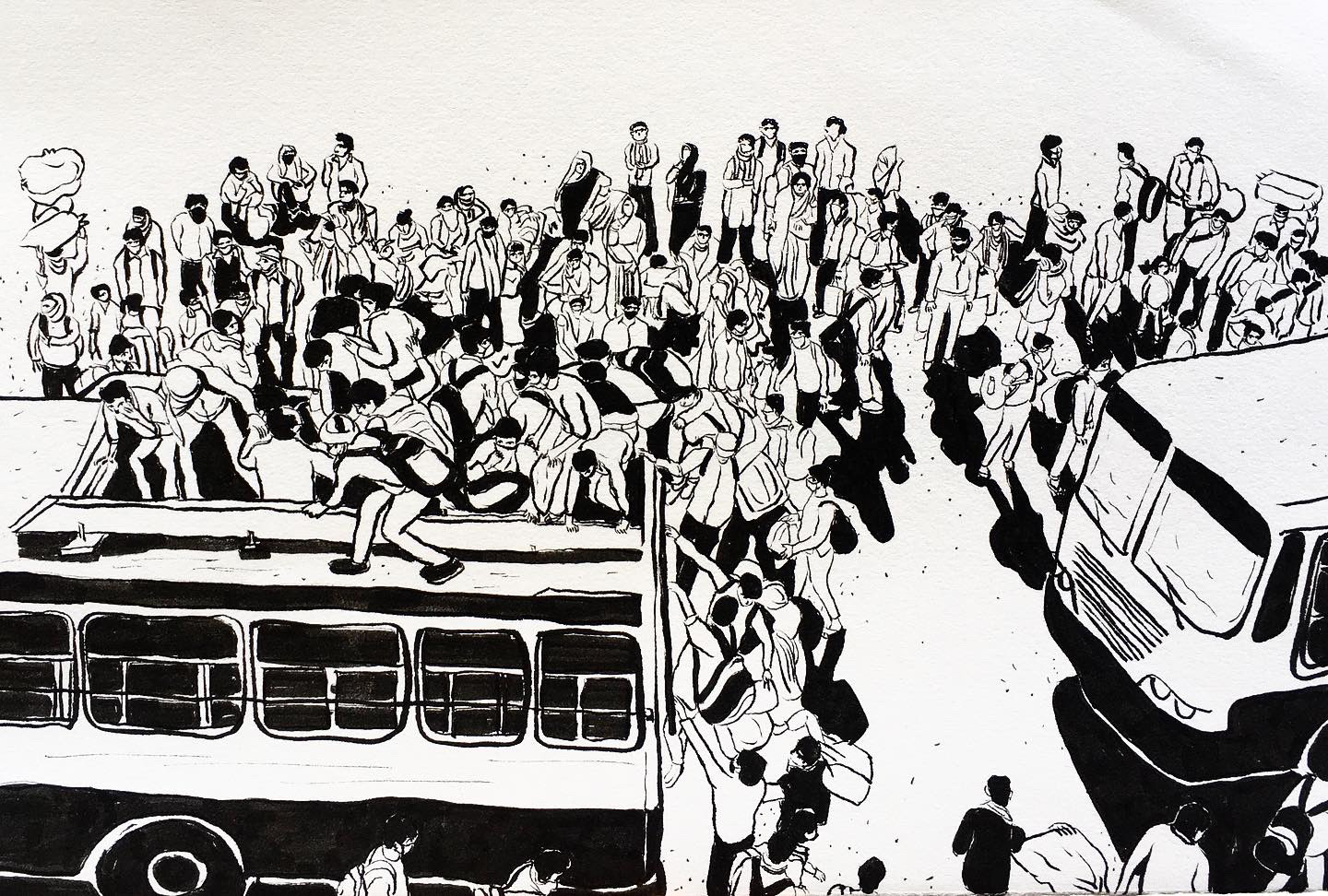 98 - Migrant workers travel on crowded buses as they return to their villages in Ghaziabad, on the outskirts of New Delhi, 29th March, 2020. Ref image by Adnan Abidi via Reuters